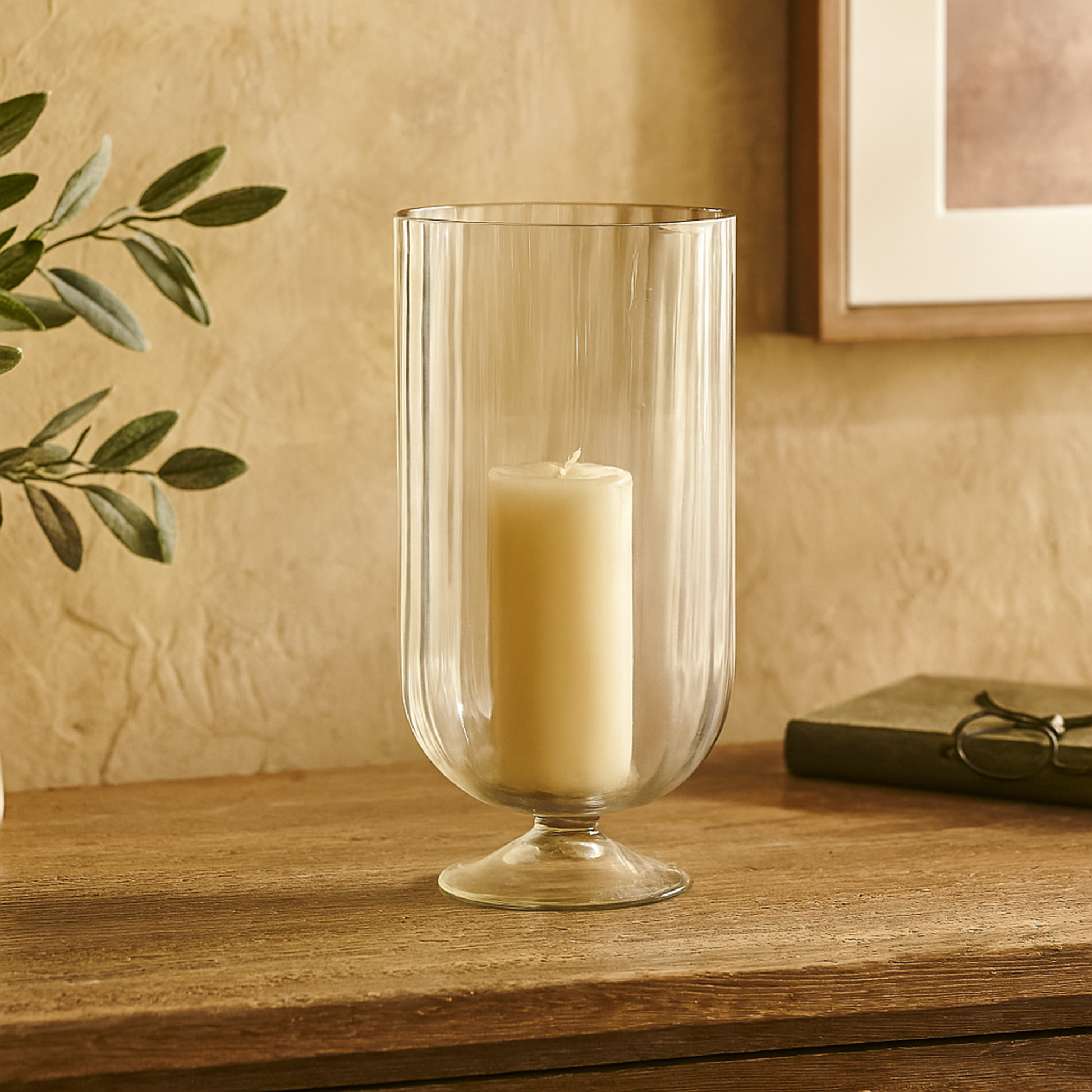 Glass Ribbed Fluted Decorative Candle Holder with Elevated Base 6" x 6" x 11"