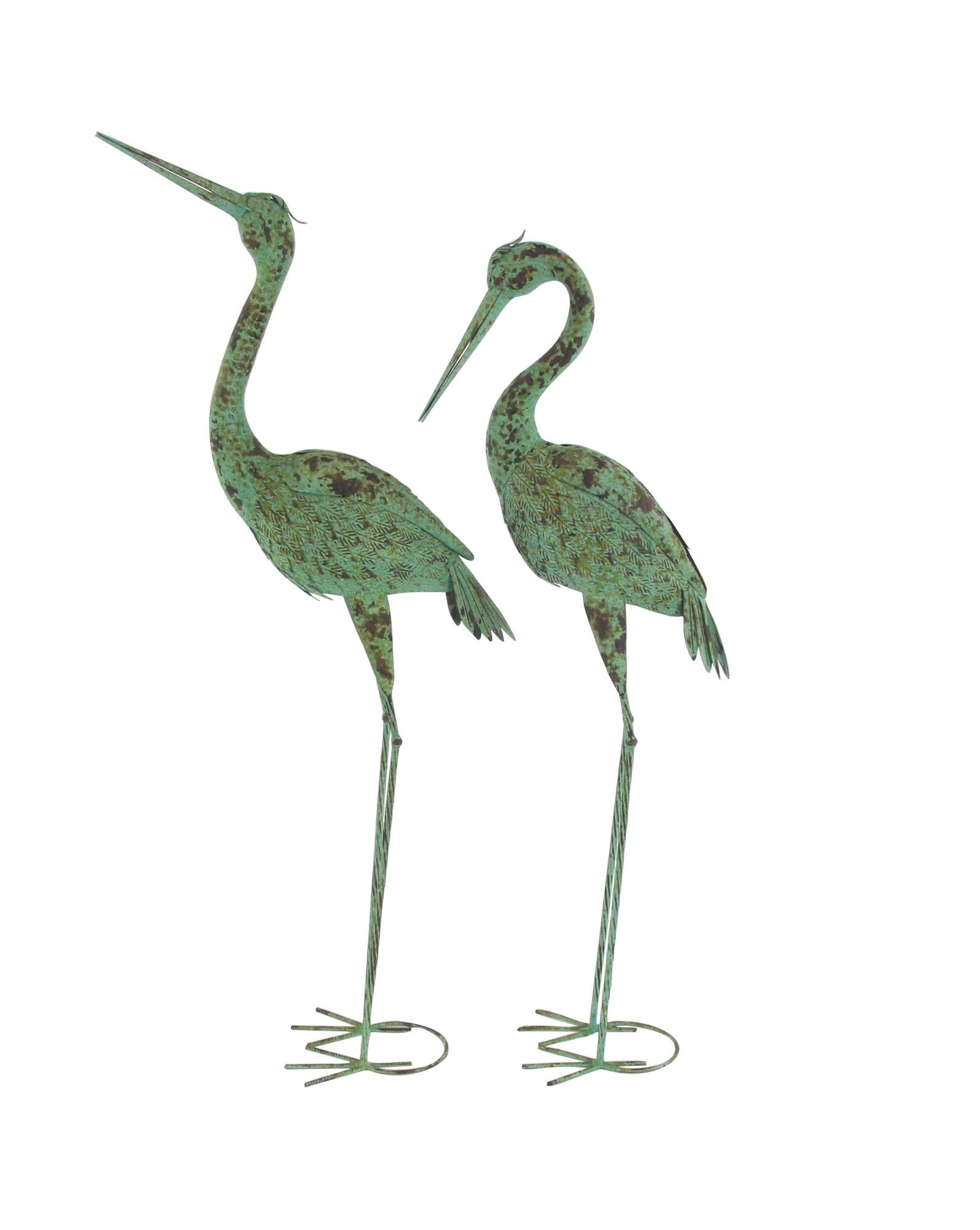 Set of 2 Crane Green Metal Indoor Outdoor Decorative Garden Sculpture with Coiled U Shaped Feet