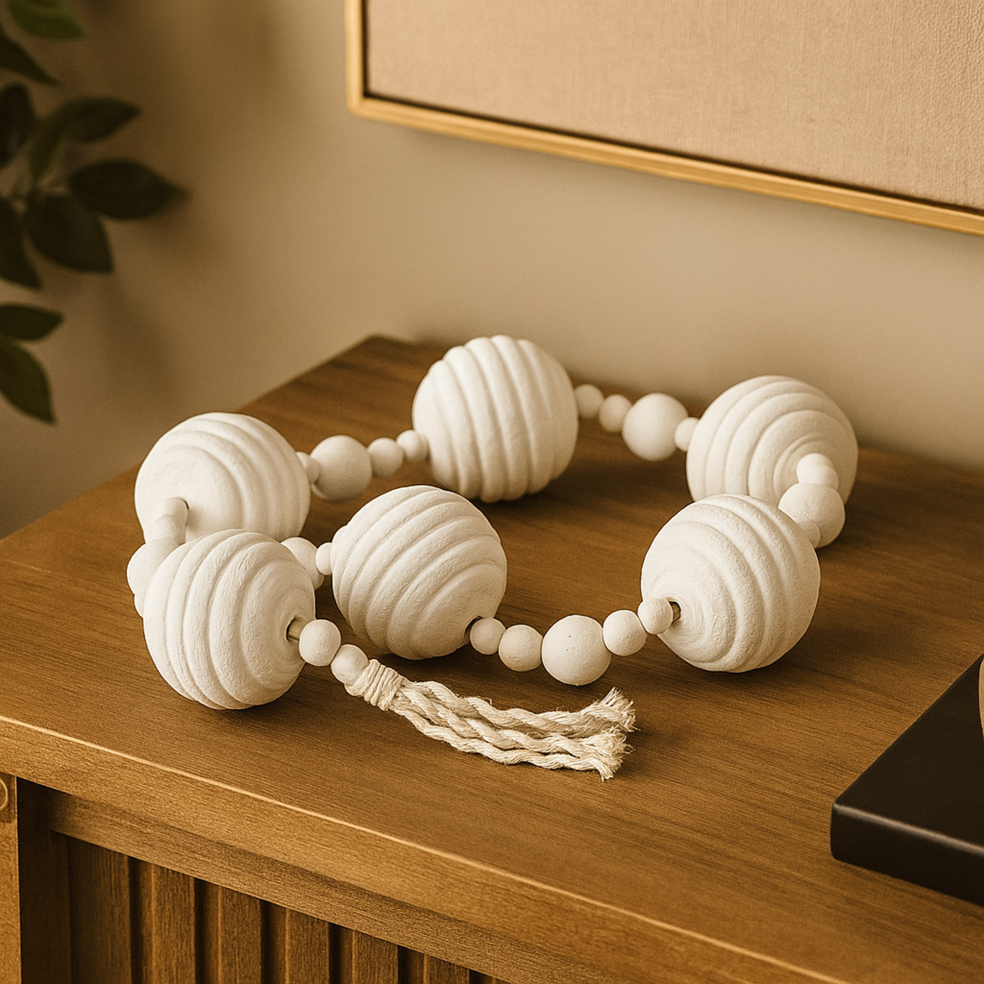 Geometric Cream Wood Handmade Ribbed Beaded Garland with Tassel with White Rope