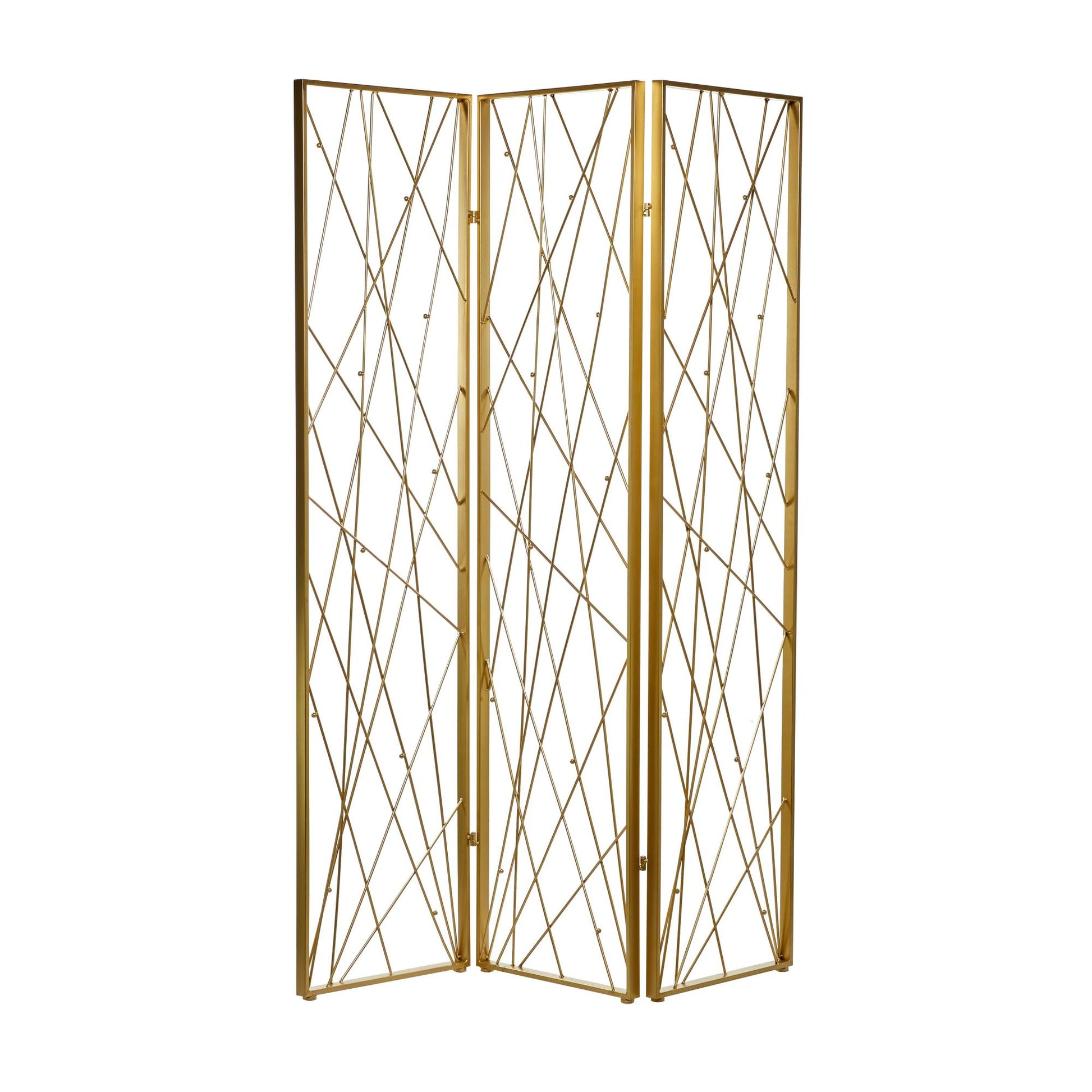 Abstract Gold Metal Foldable Partition 3 Panel Partition Room Divider Screen with Wire Rod Accents