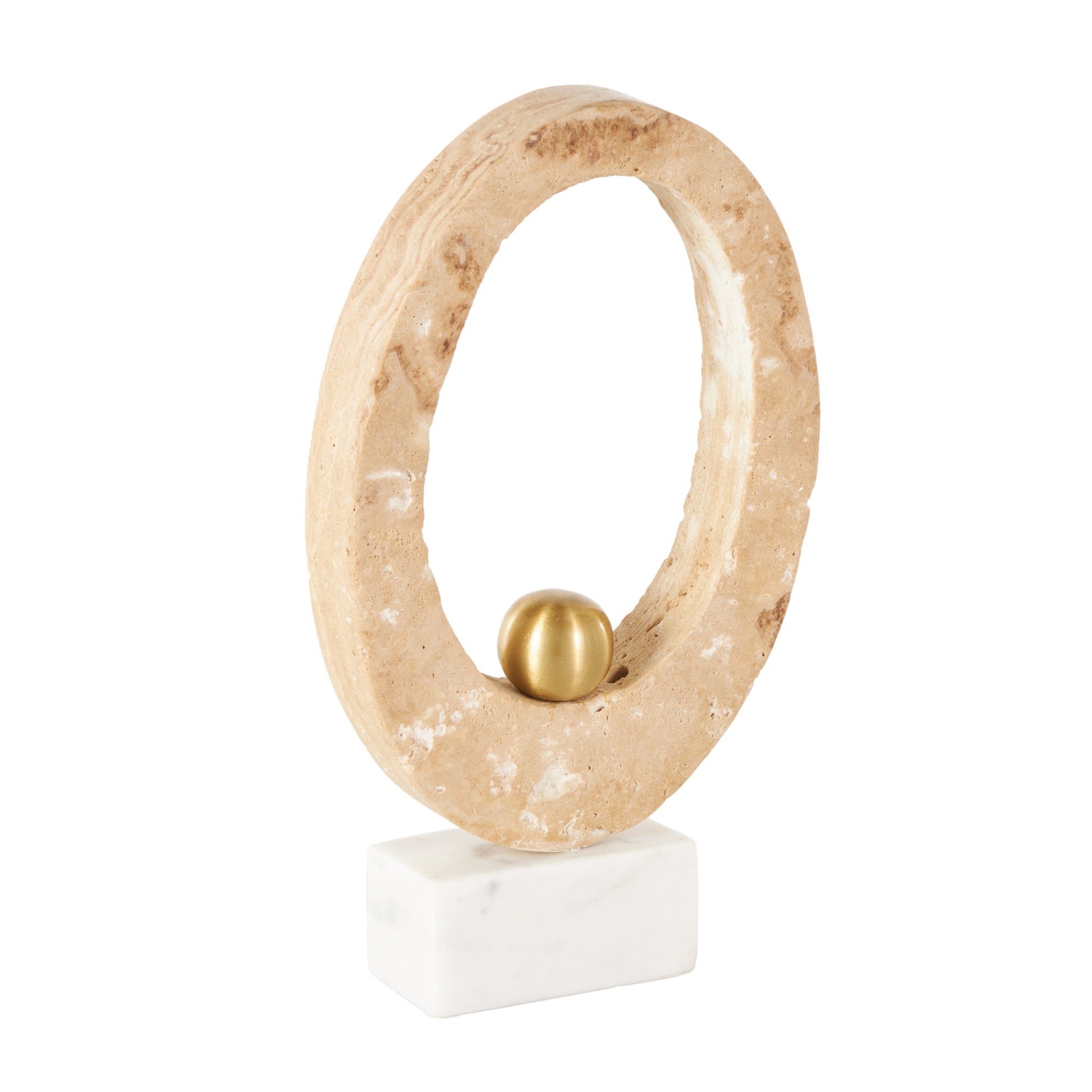 Abstract Cream Marble Oval Decorative Sculpture with Gold Ball and White Base