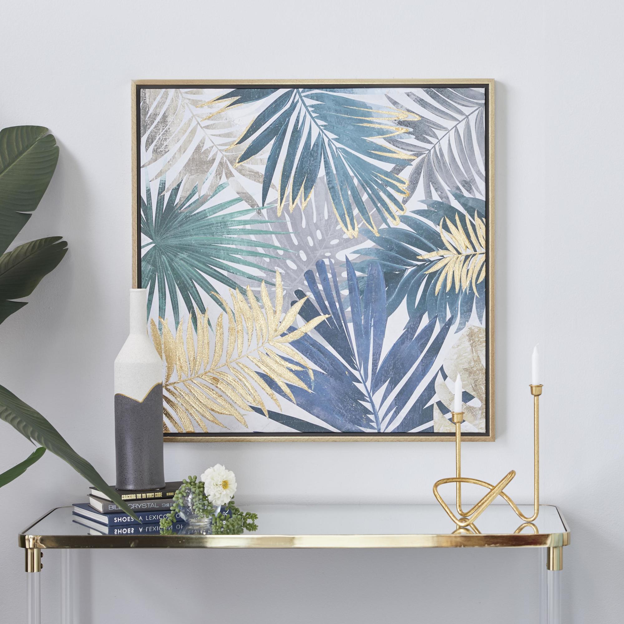 Leaf Blue Canvas Tropical Living Room Framed Wall Art with Gold Frame