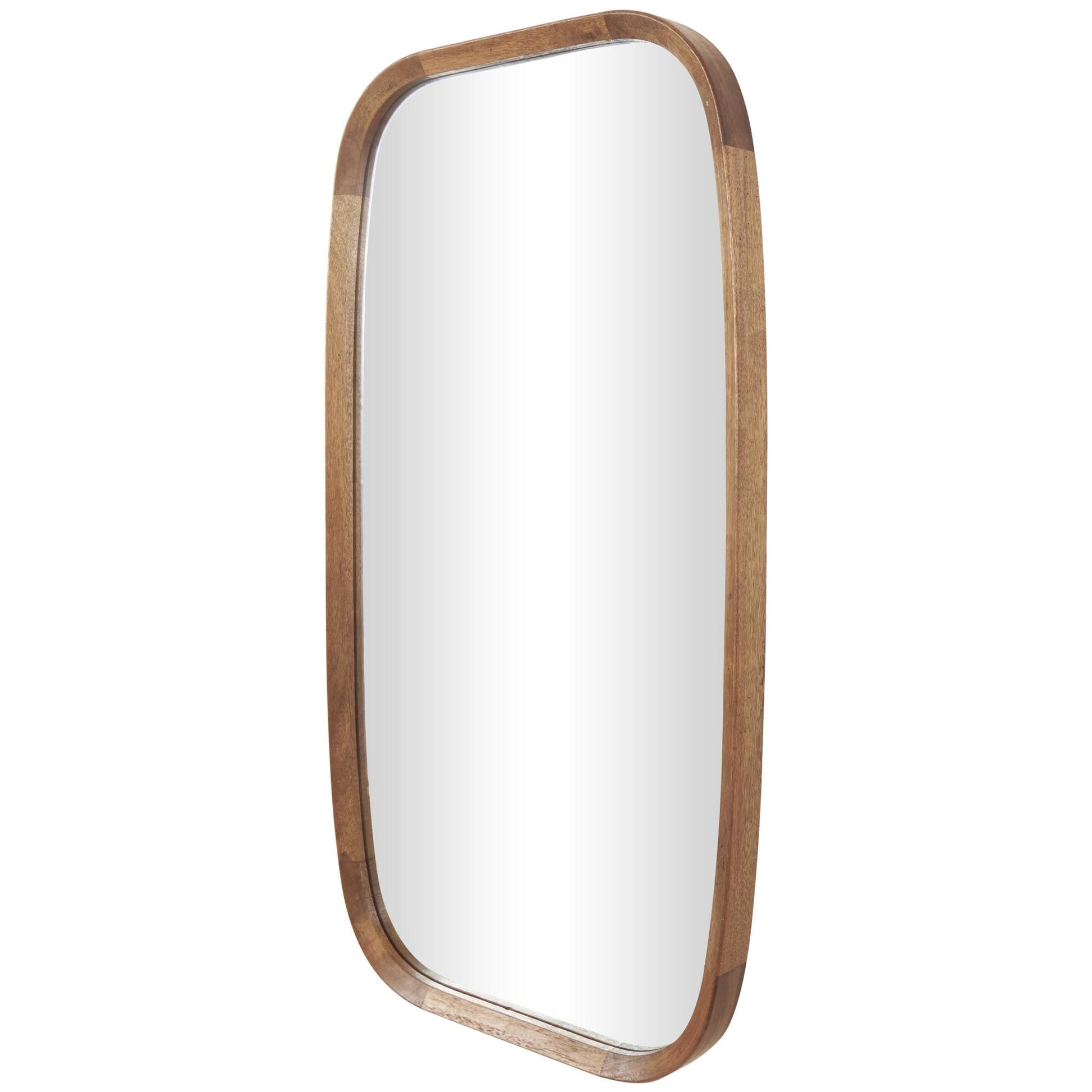 Brown Wooden Room Wall Mirror with Natural Wood Grain and Rounded Edges