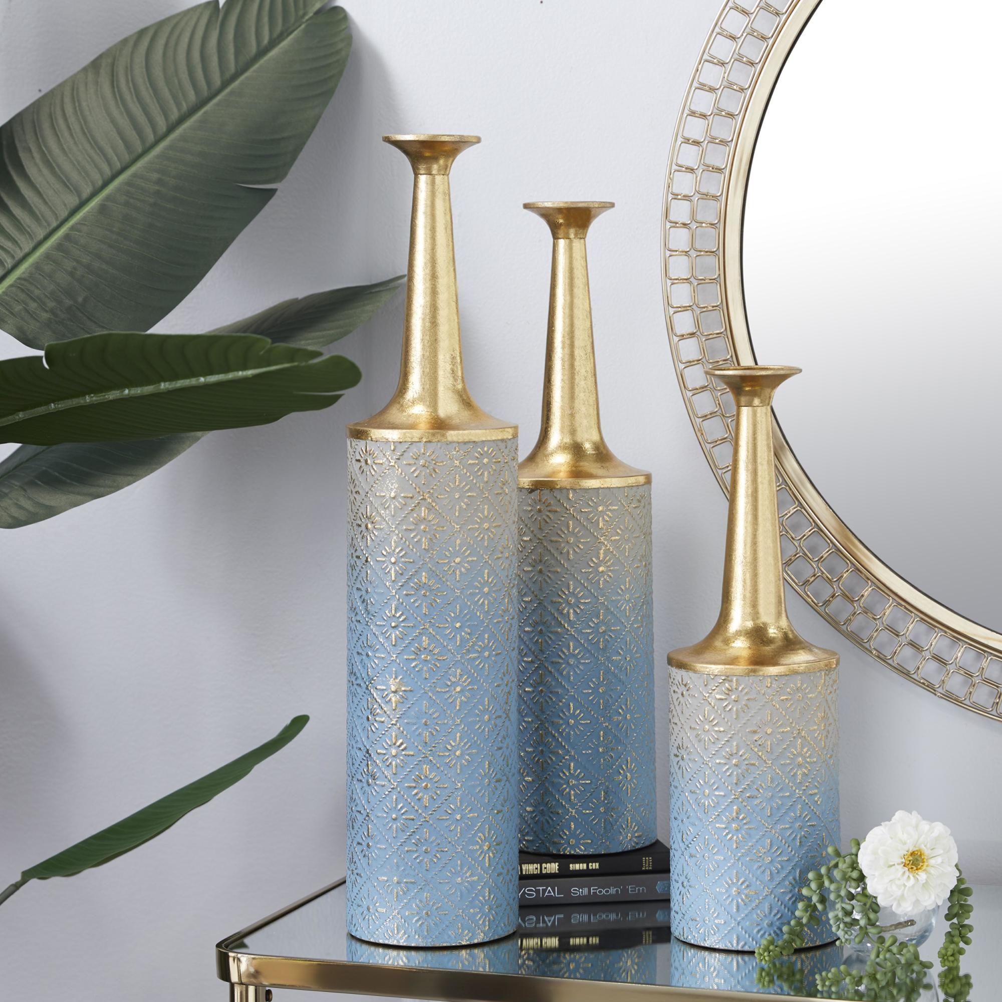 Set of 3 Floral Blue Metal Decorative Vase with Gold Top
