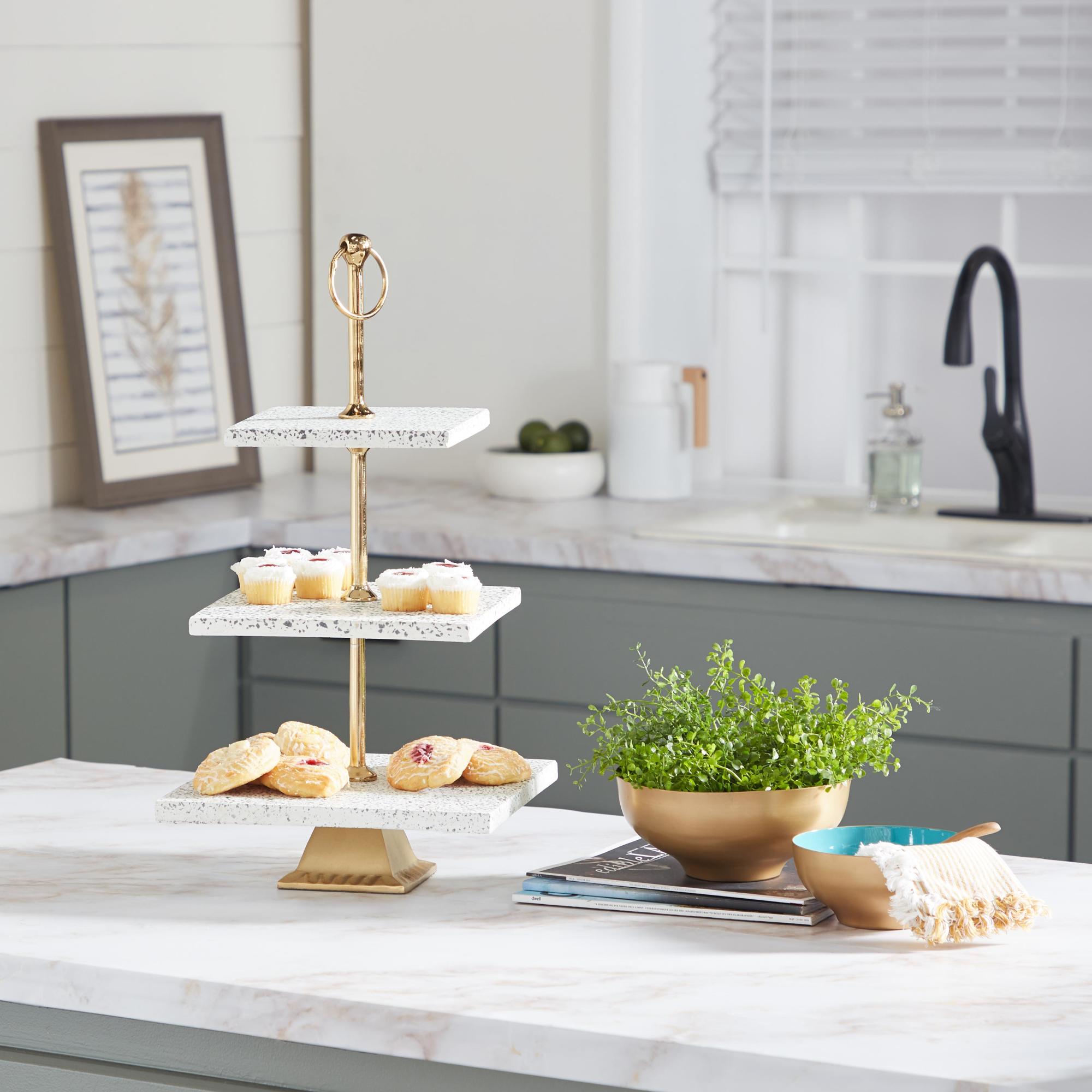 White Ceramic Terrazzo 3 Level Decorative Tiered Server with Gold Base