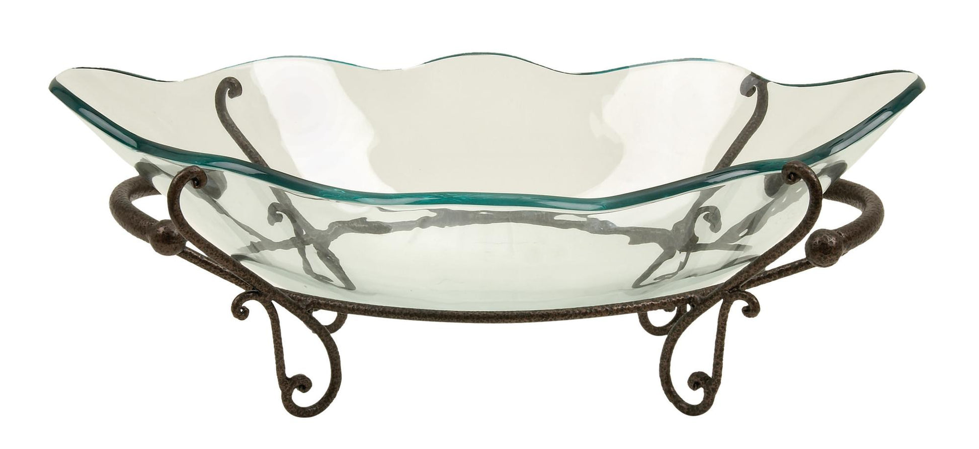 Kitchen Clear Tempered Glass Scalloped Edge Decorative Serving Bowl with Bronze Metal Scroll Stand