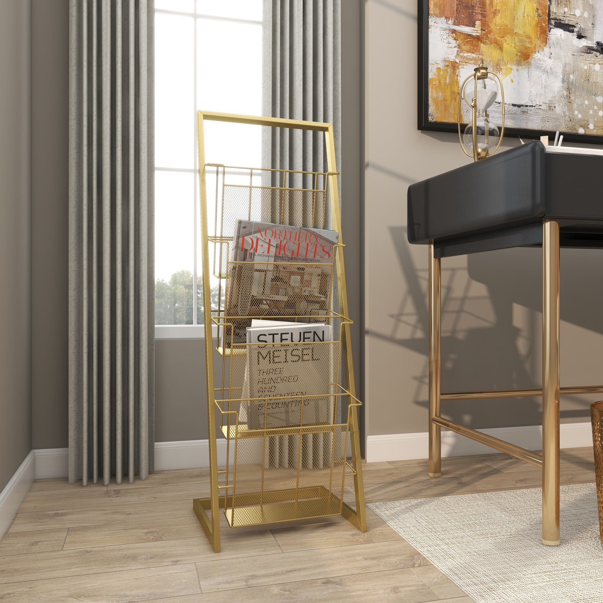 Gold Metal 4 Slot Decorative Magazine Holder with Tall Stand