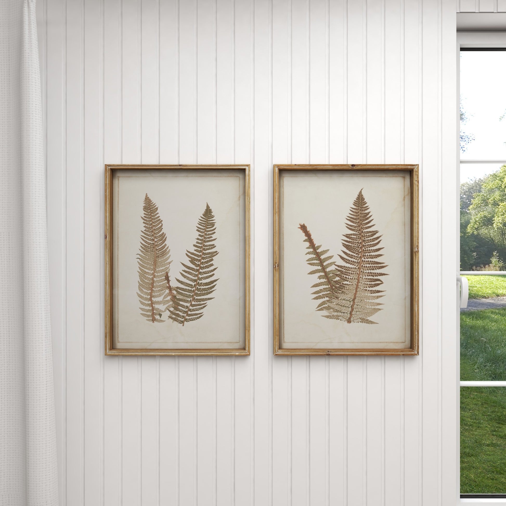 Set of 2 Leaf Brown Wood Fern Home Shadow Box with Beige Backing