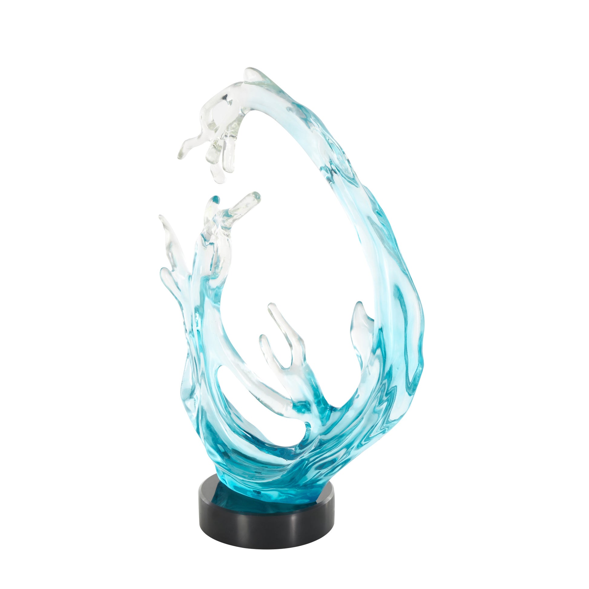 Coral Blue Glass Ombre Decorative Sculpture with Black Round Base