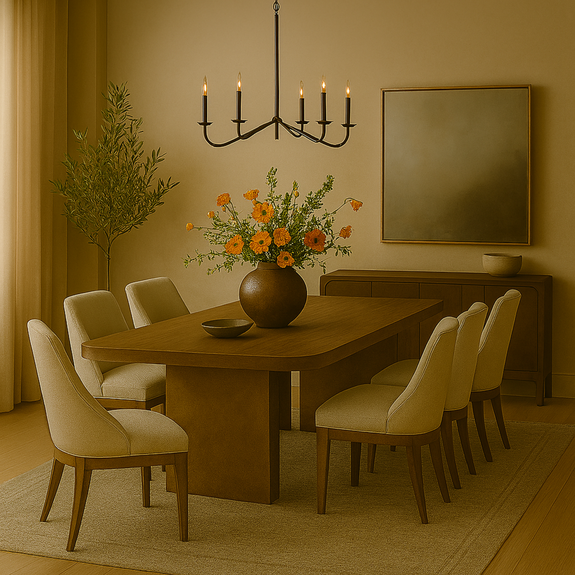 Brown Wooden Kitchen Dining Table with Block Style Legs