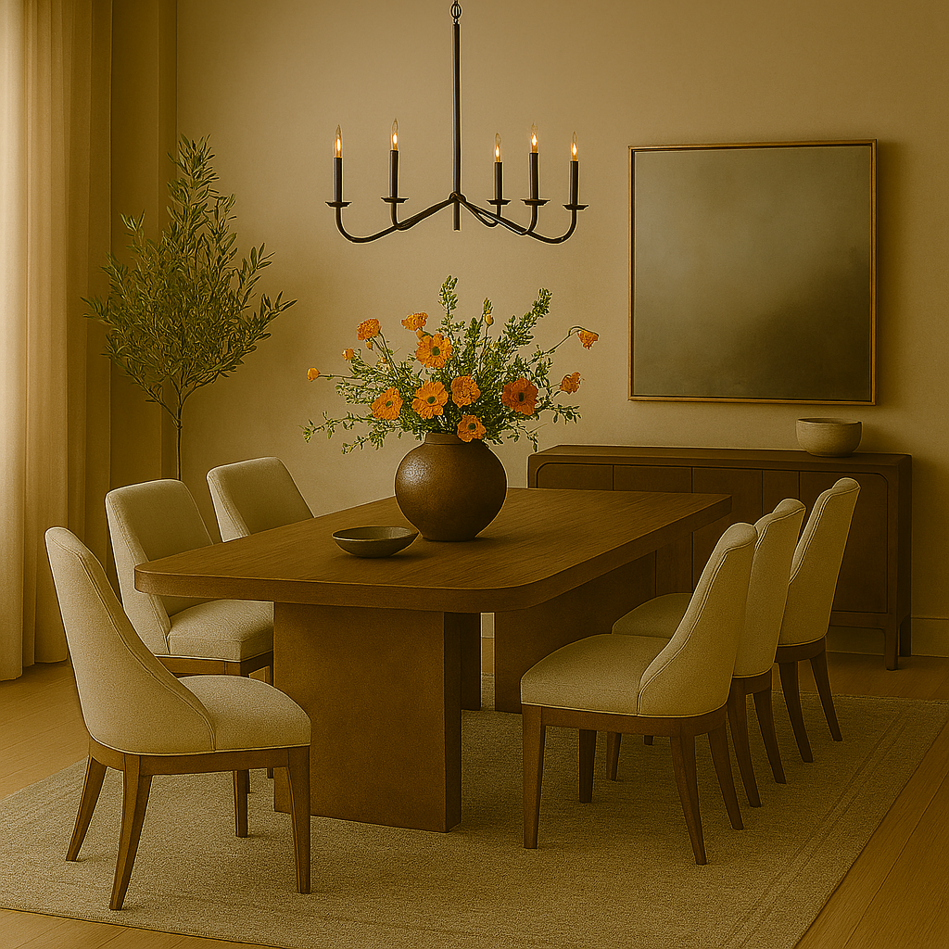 Brown Wooden Kitchen Dining Table with Block Style Legs