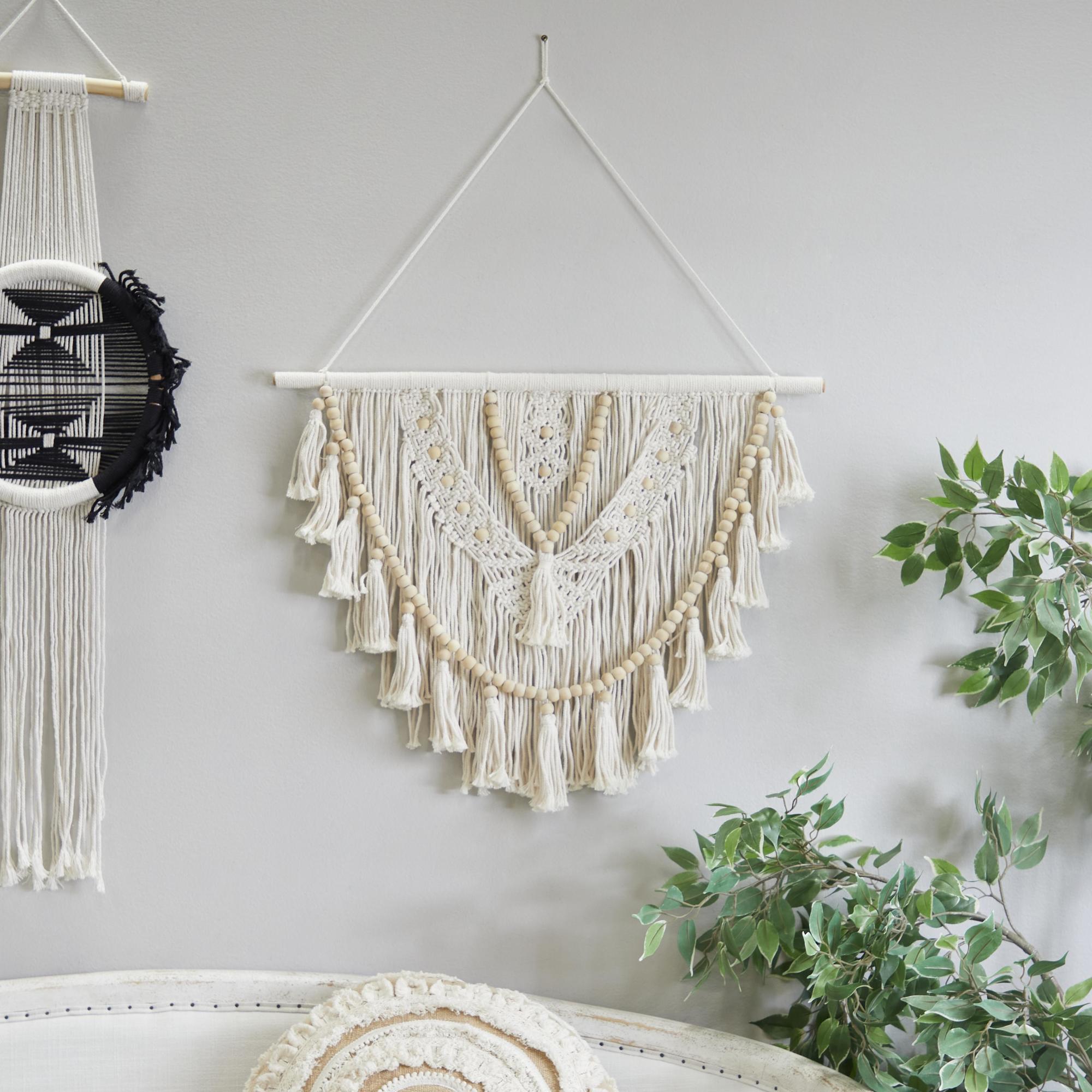 CosmoLiving by Cosmopolitan Macrame Cotton Fabric Handmade Woven Home Wall Decor with Black Beaded Accents and Fringe Tassels 28" x 1" x 32"