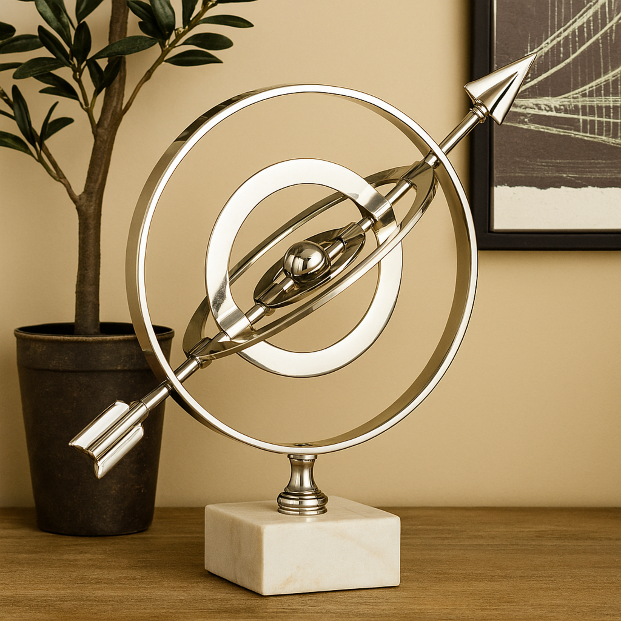 Armillary Silver Aluminum Metal Educational Globe with Marble Base