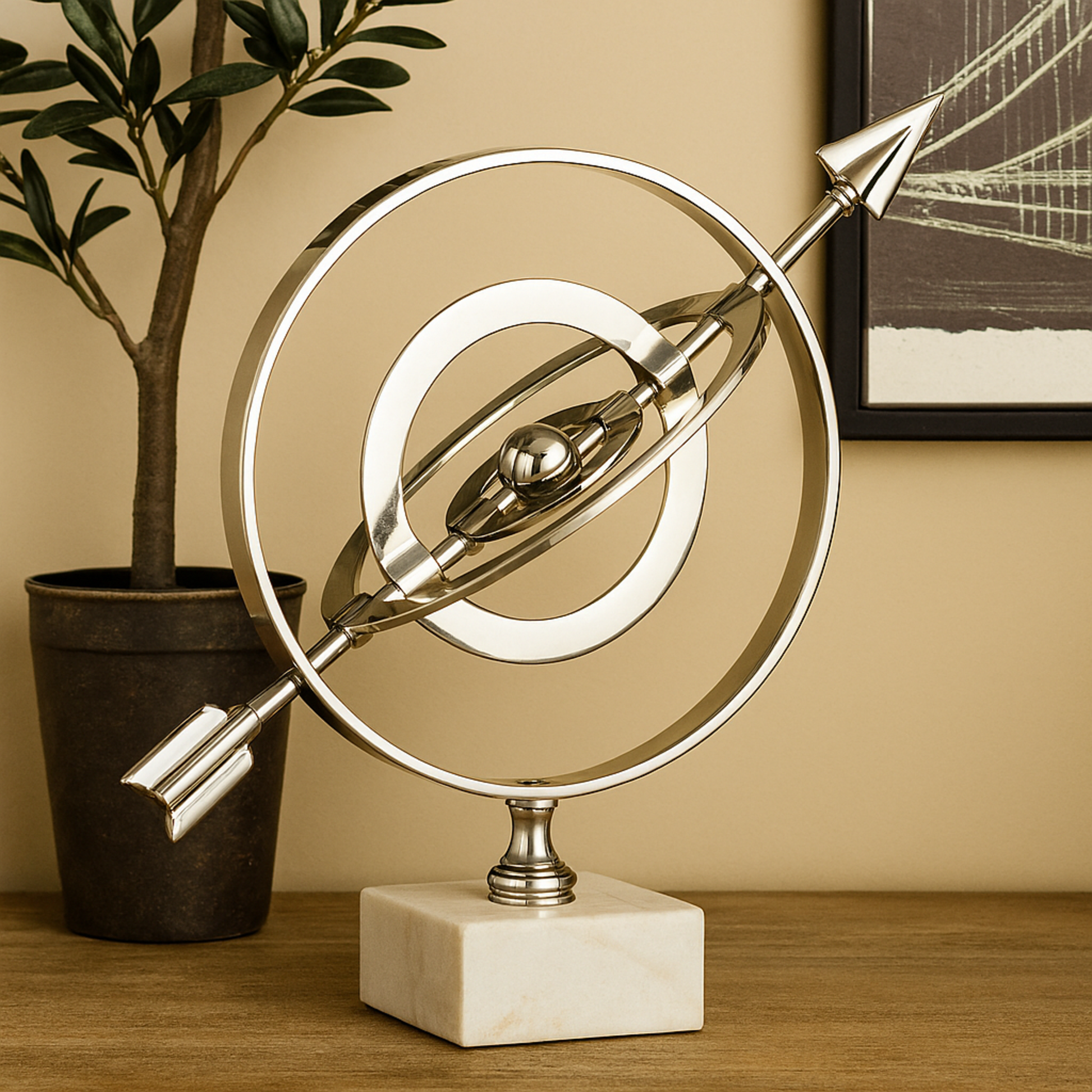 Armillary Silver Aluminum Metal Educational Globe with Marble Base