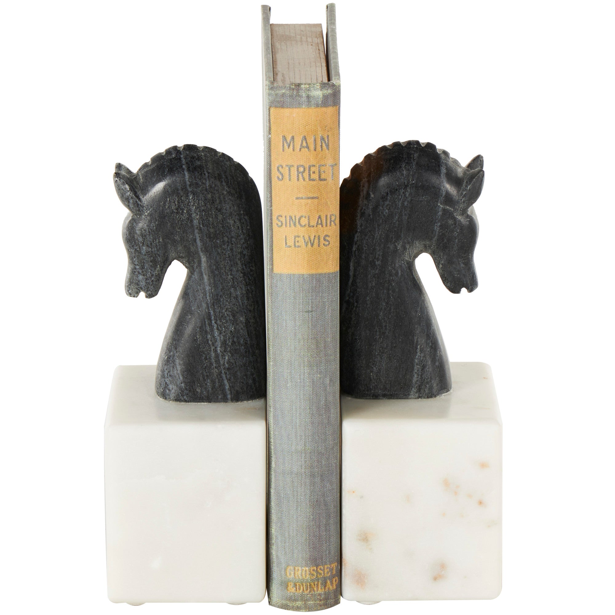 Set of 2 Horse Black Marble Distressed Decorative Bookends with White Block Bases