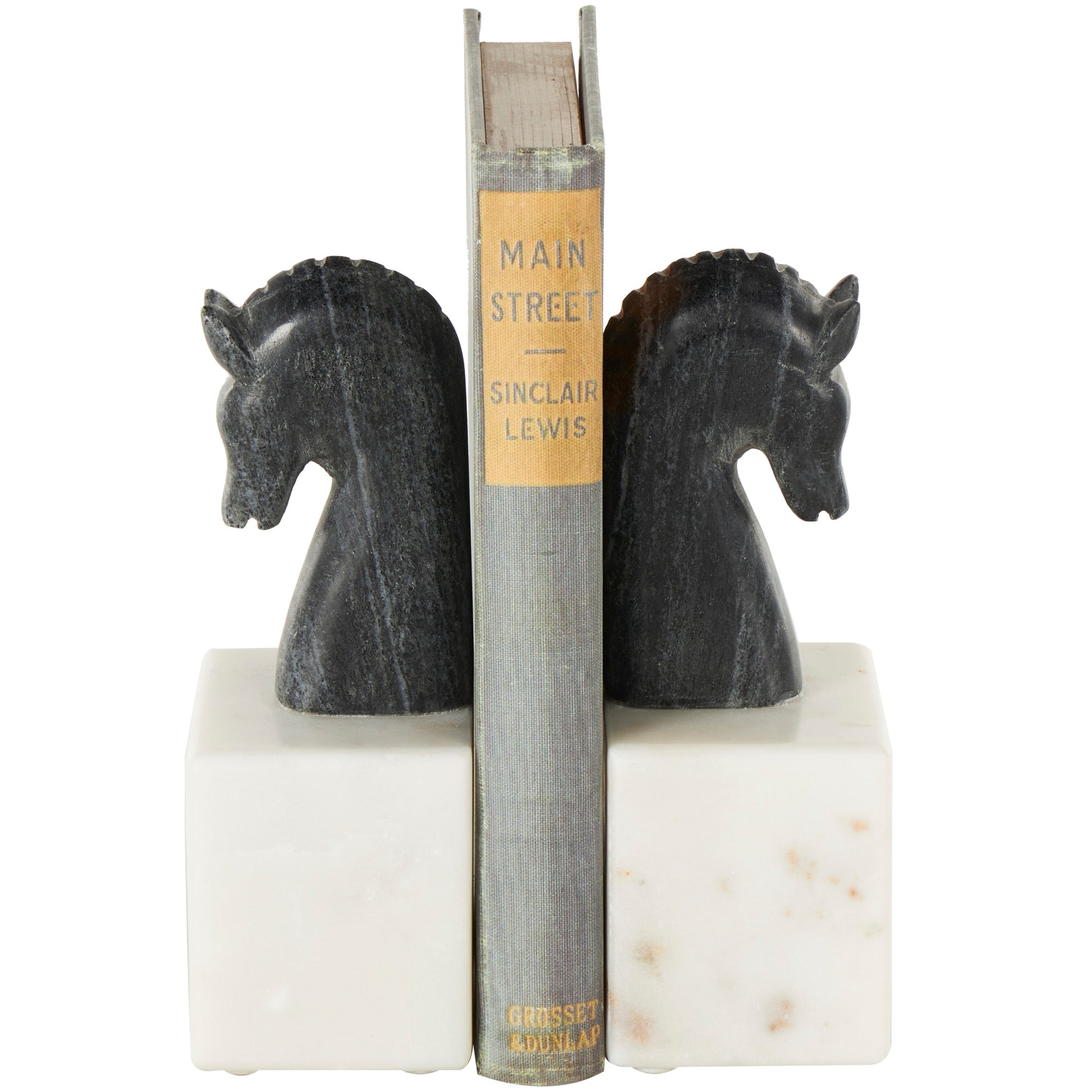 Set of 2 Horse Black Marble Distressed Decorative Bookends with White Block Bases