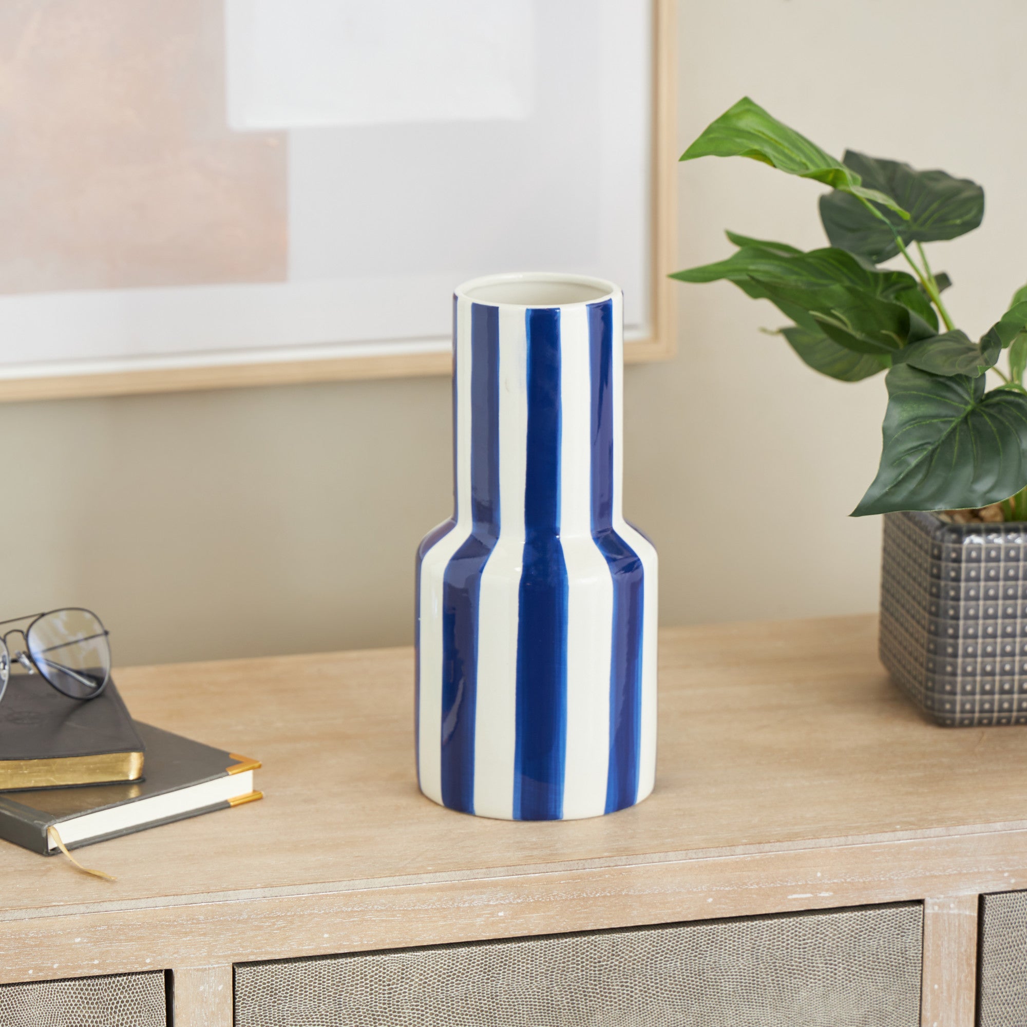 Ceramic Round Decorative Vase with Blue Vertical Stripes 5" x 5" x 11"