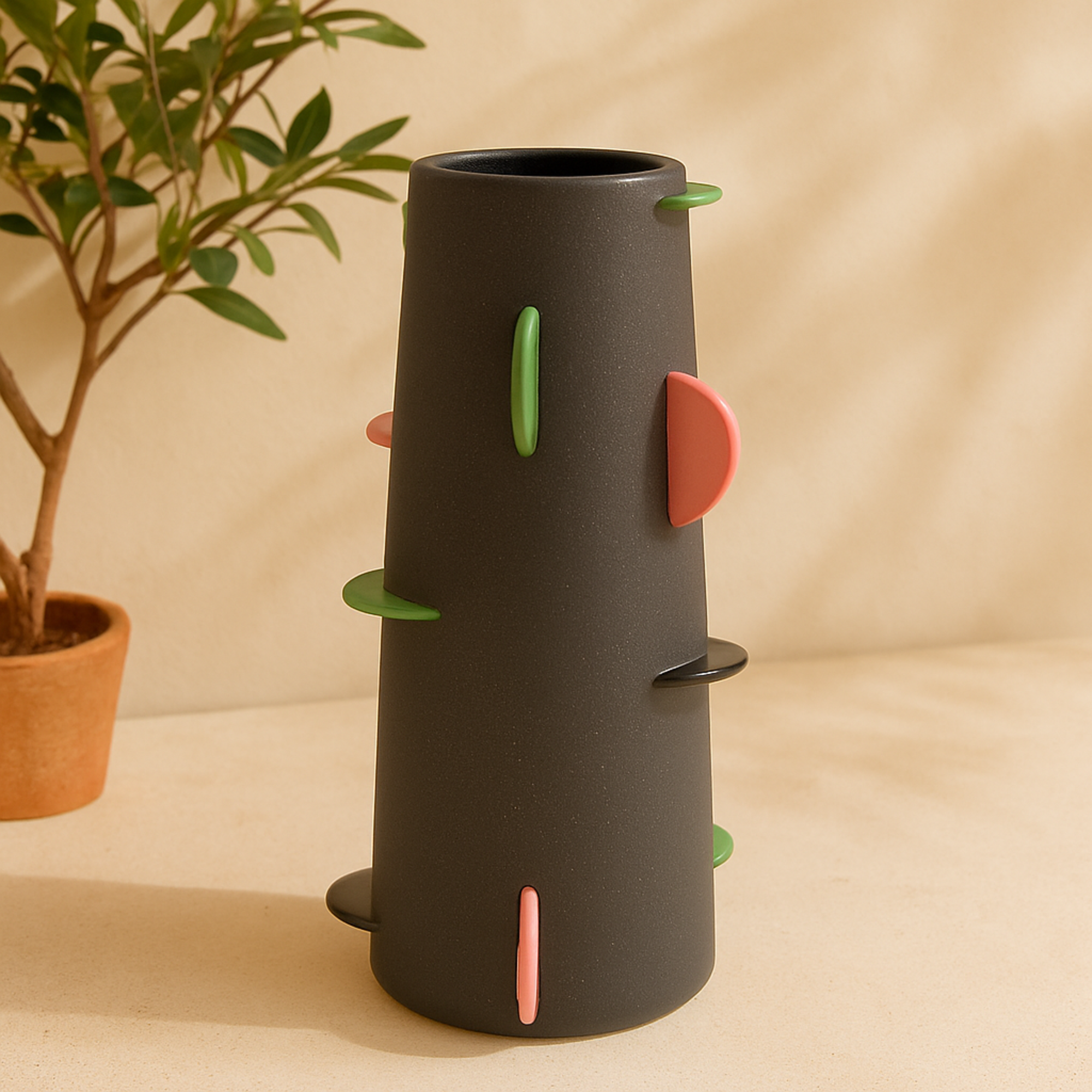 Black Ceramic Textured Decorative Vase with Multicolor Half-Moon Accents