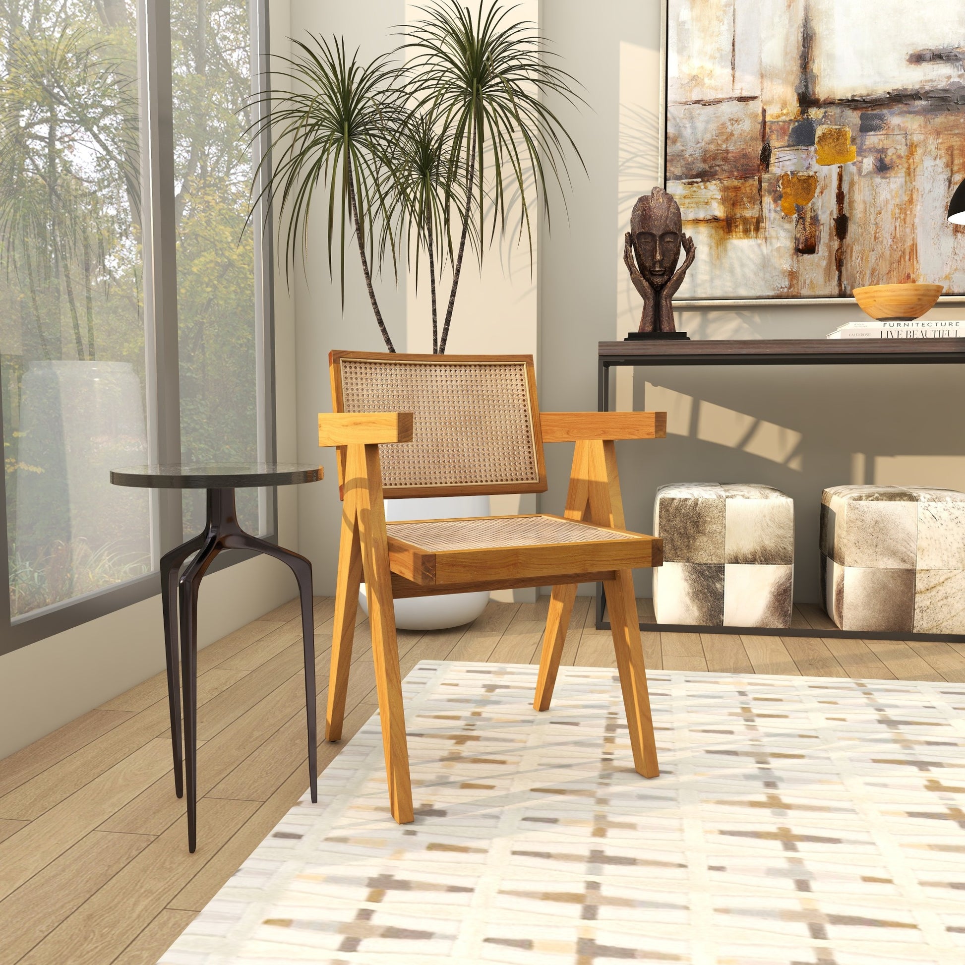 Teak Wood Handmade Living Room Accent Chair with Woven Cane Seat