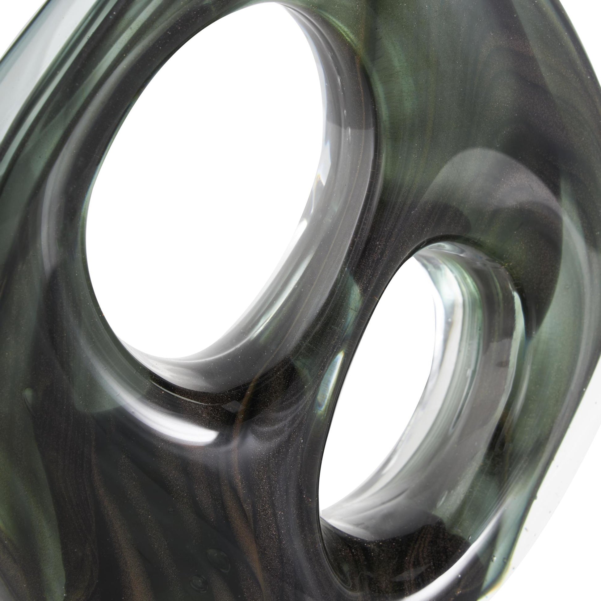 Abstract Green Glass Curved Cutout Decorative Sculpture with Swirl Patterns