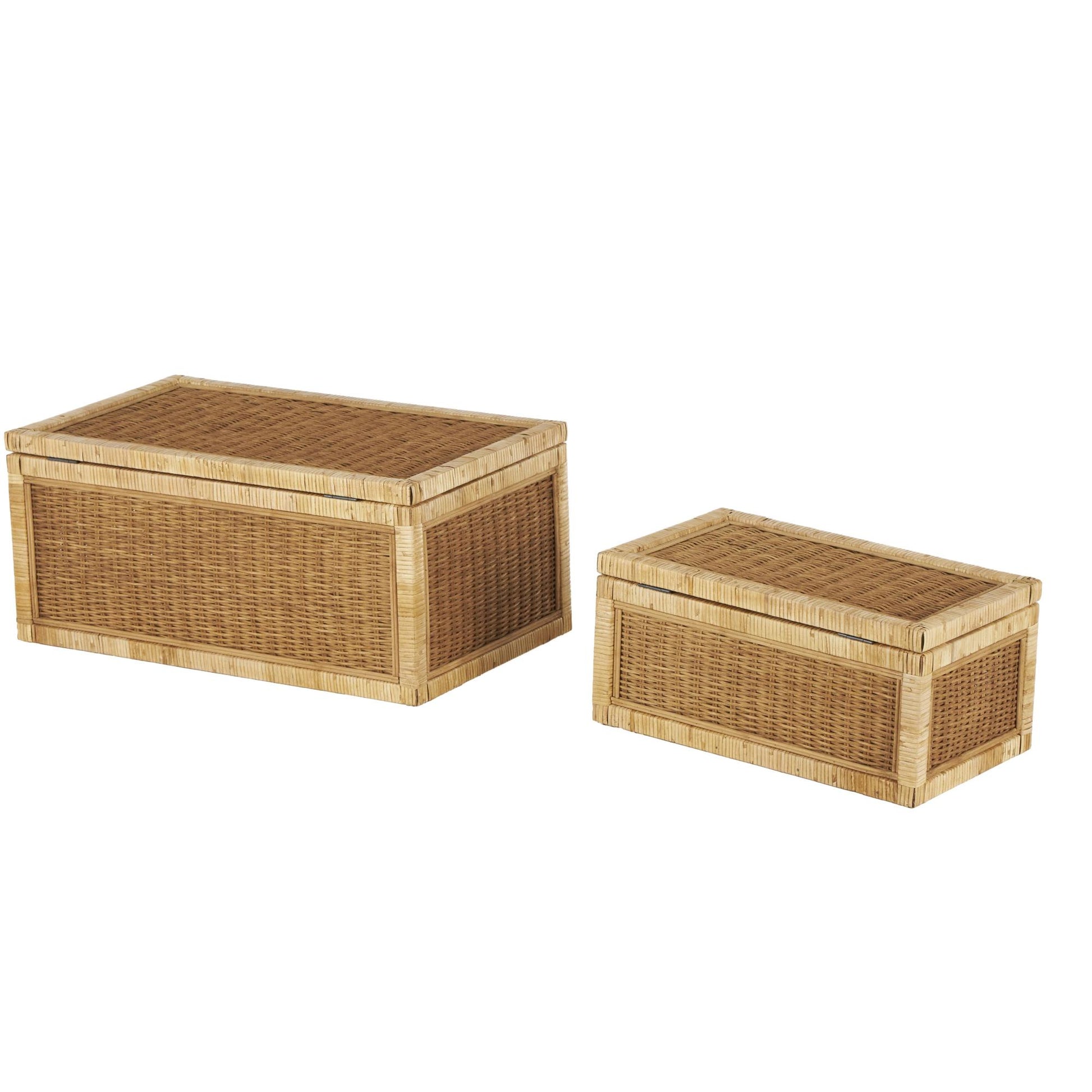 Set of 2 Brown Rattan Handmade Woven Storage Decorative Box with Wrapped Light Brown Edges