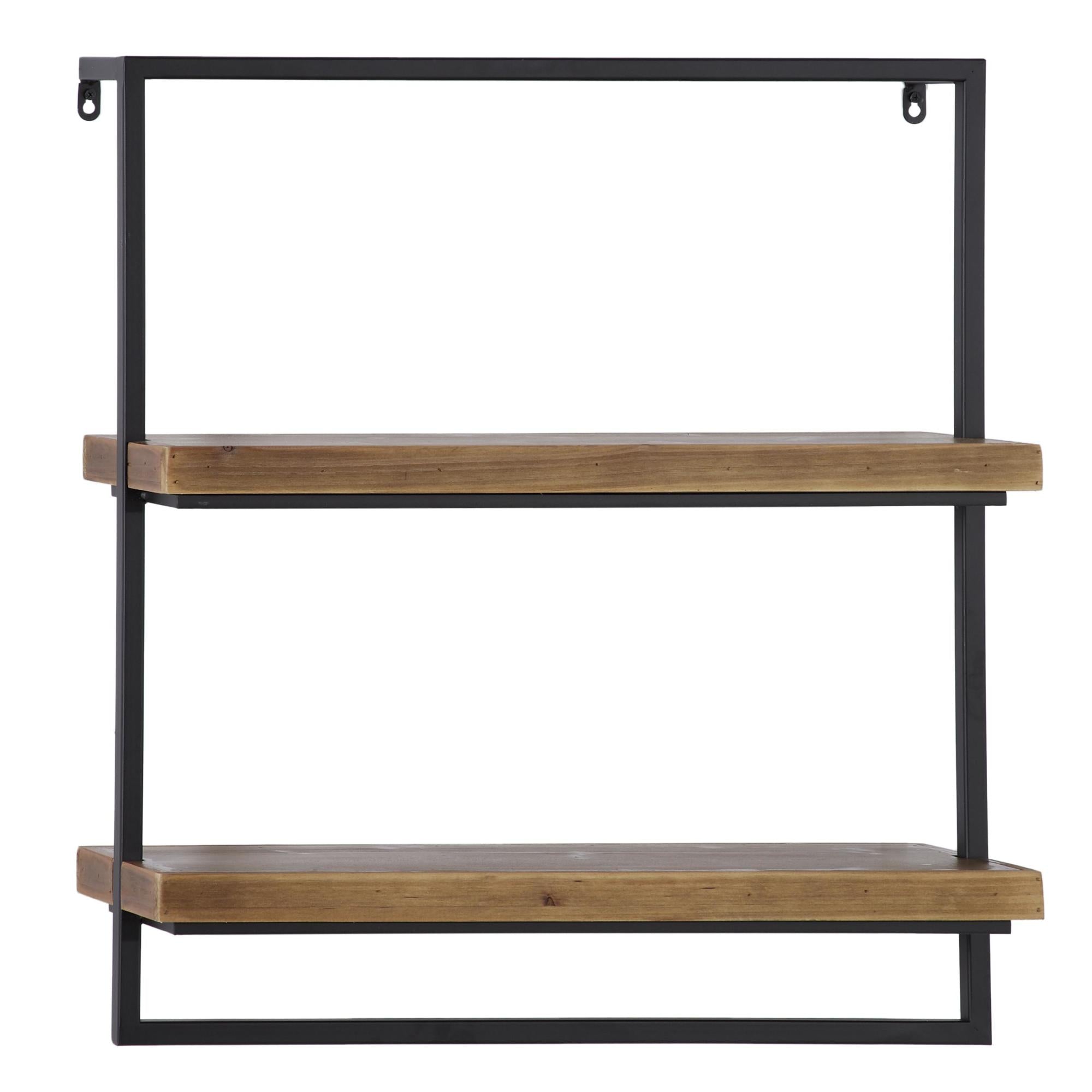 Brown Wood 2 Shelf Room Wall Shelf with Black Metal Frame