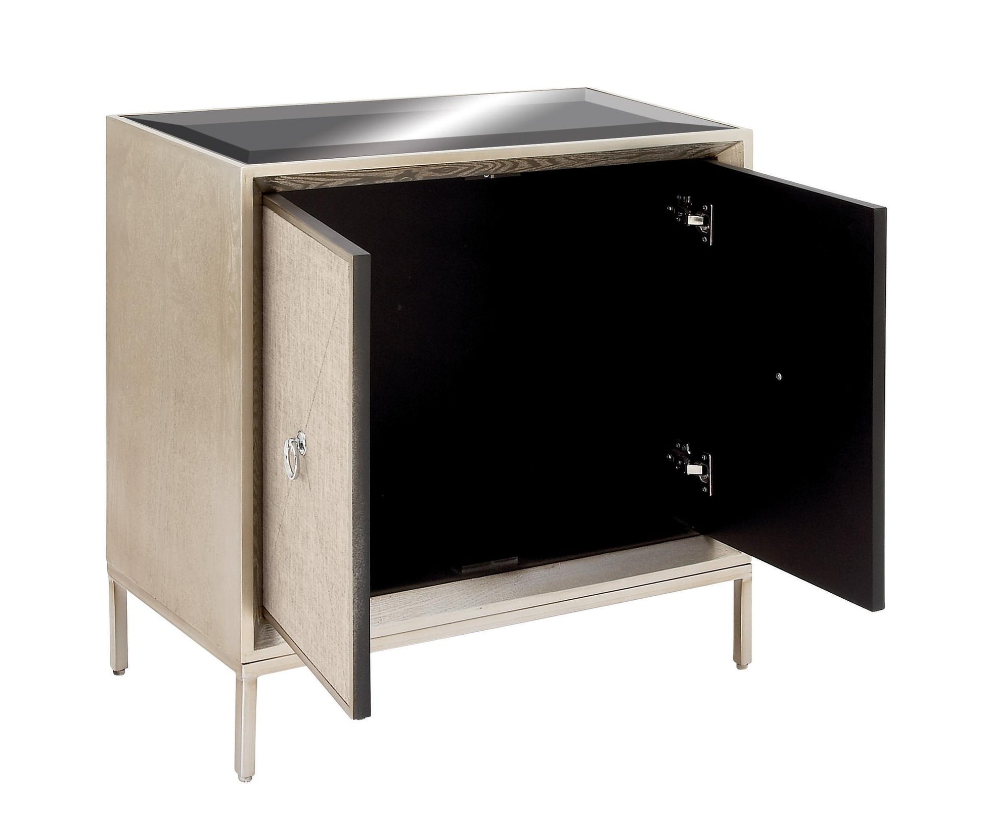 Beige Wooden Upholstered Front Panel 2 Door Room Cabinet with Mirrored Top and Ring Handles