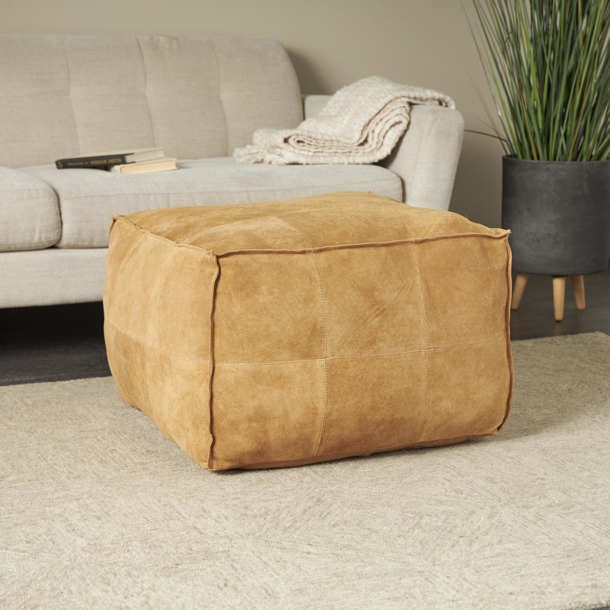 Leather Low Profile Square Stuffed Pouf with Patchwork Design