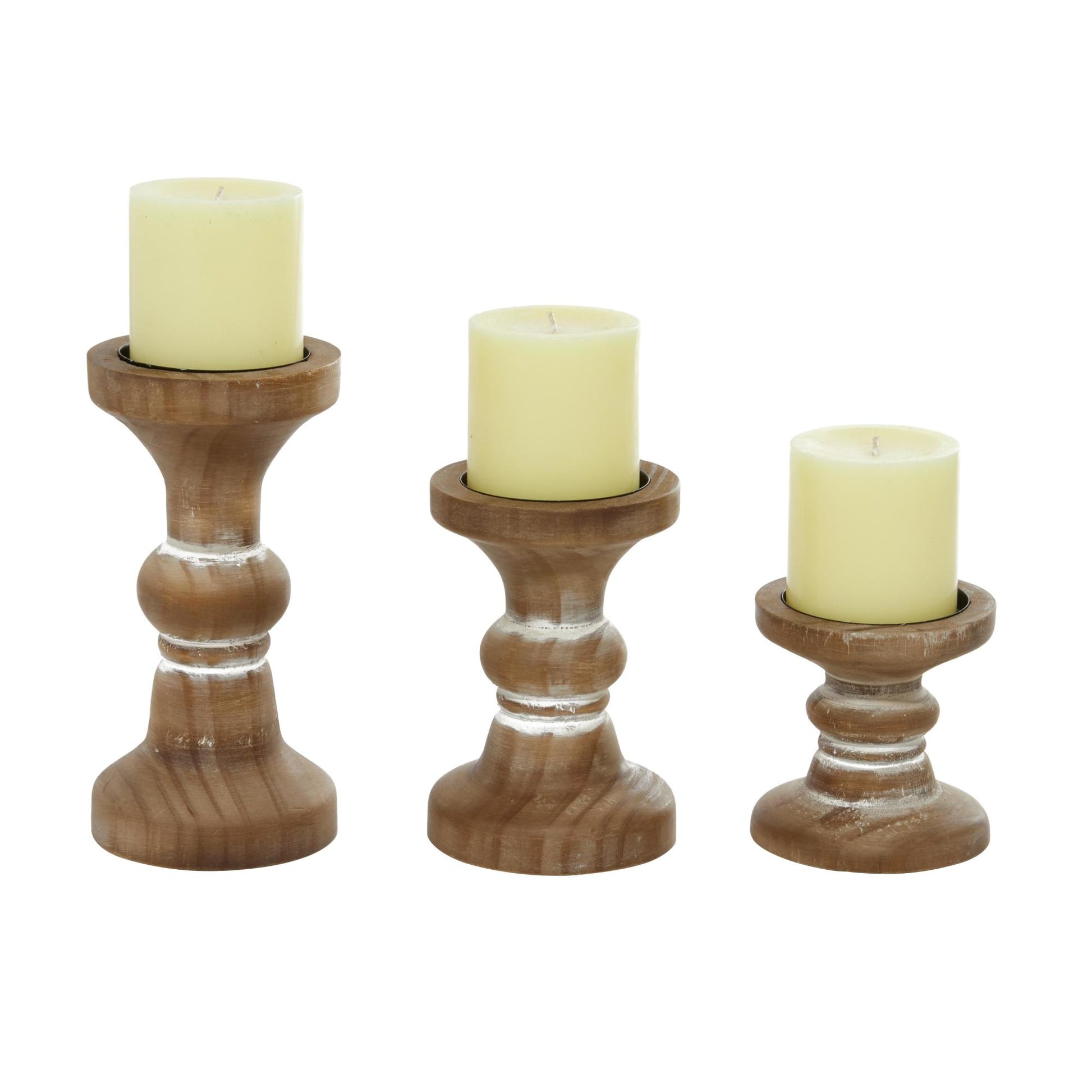 Set of 3 Wood Short Distressed Turned Decorative Candle Holder