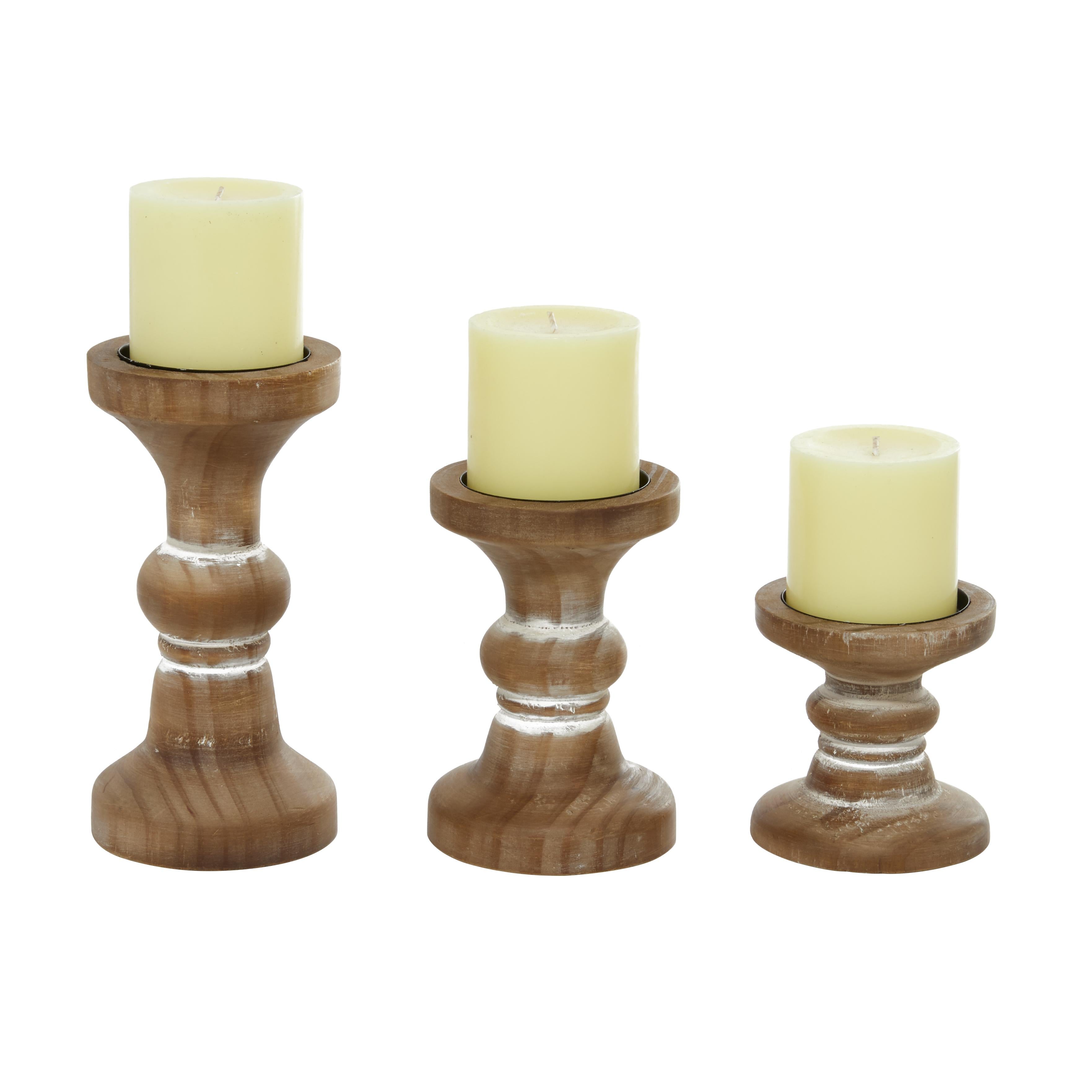 Set of 3 Wood Short Distressed Turned Decorative Candle Holder