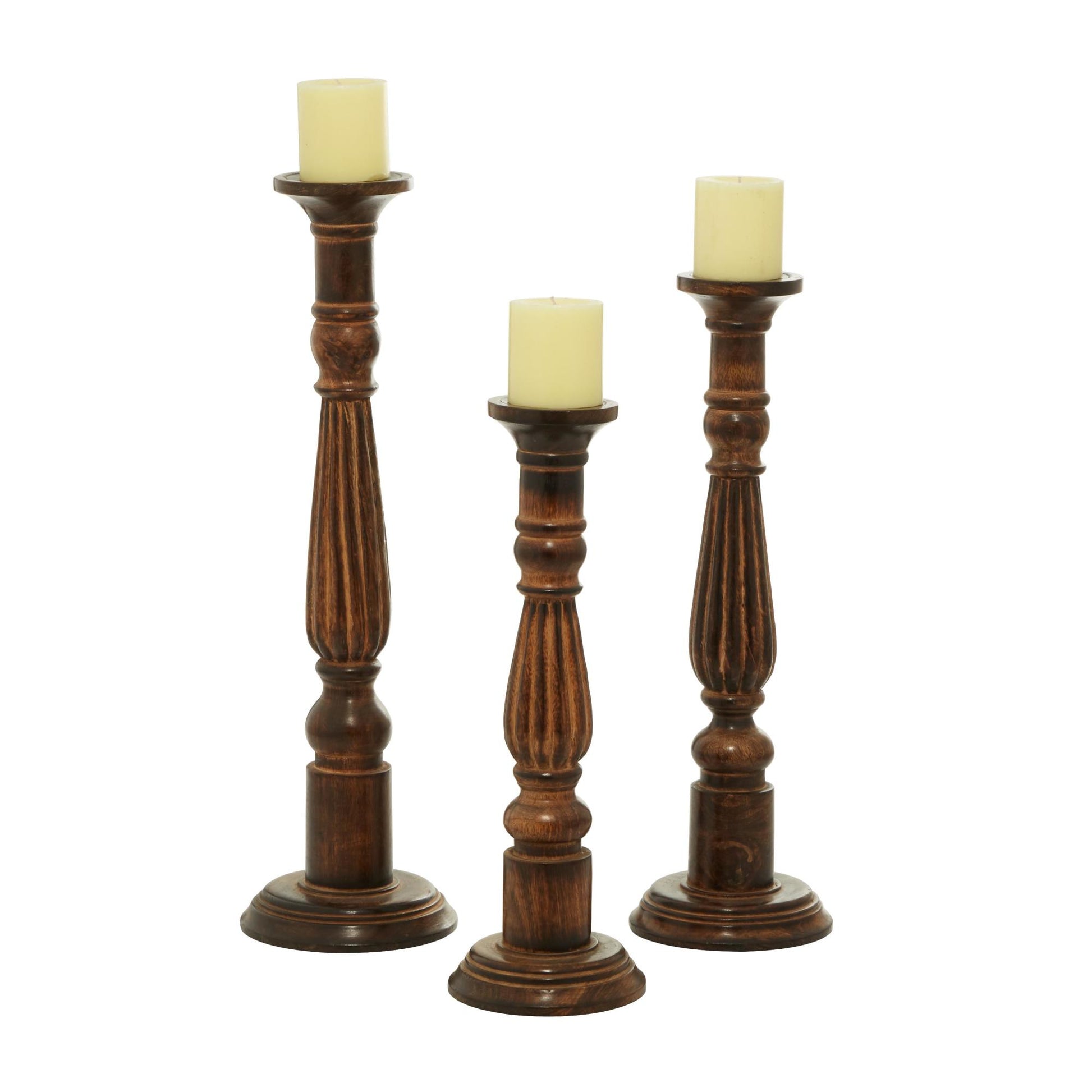 Set of 3 Brown Mango Wood Tall Turned Decorative Candle Holder