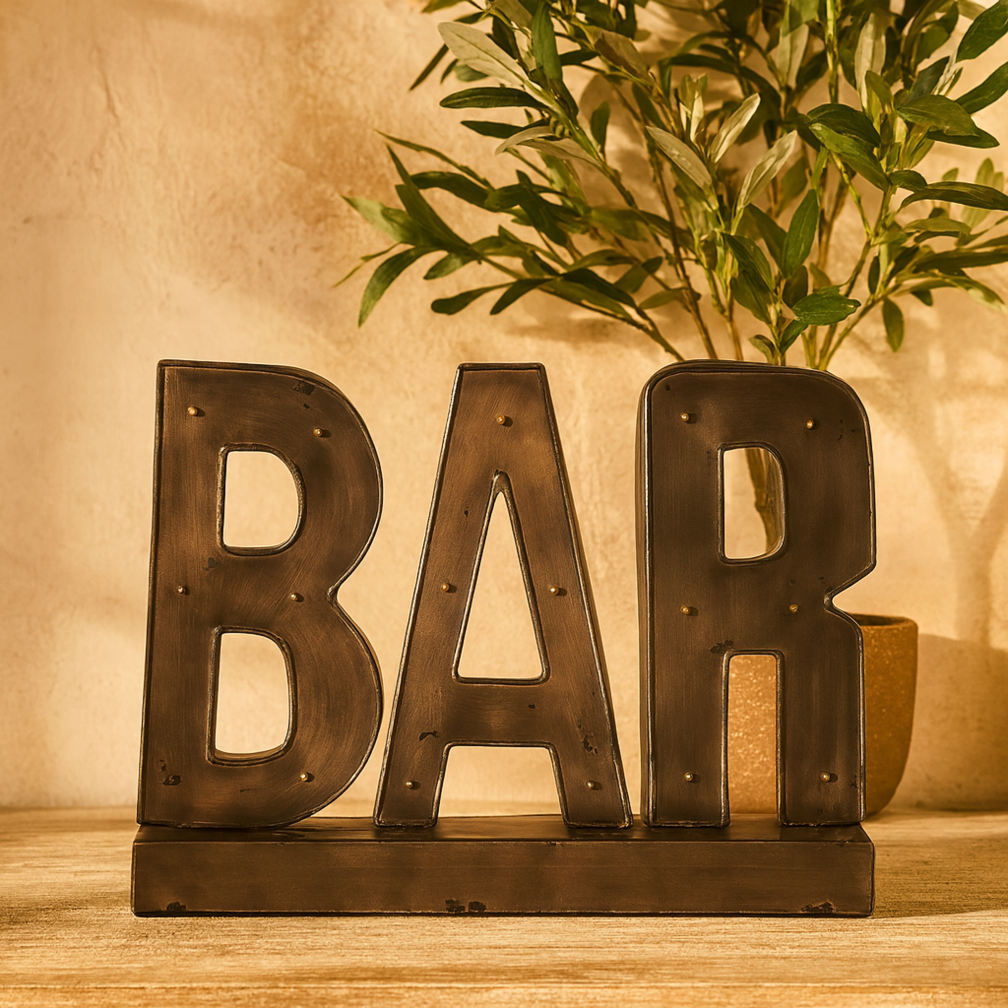 Sign Brown Metal Bar Home Decorative Sign with LED Lights