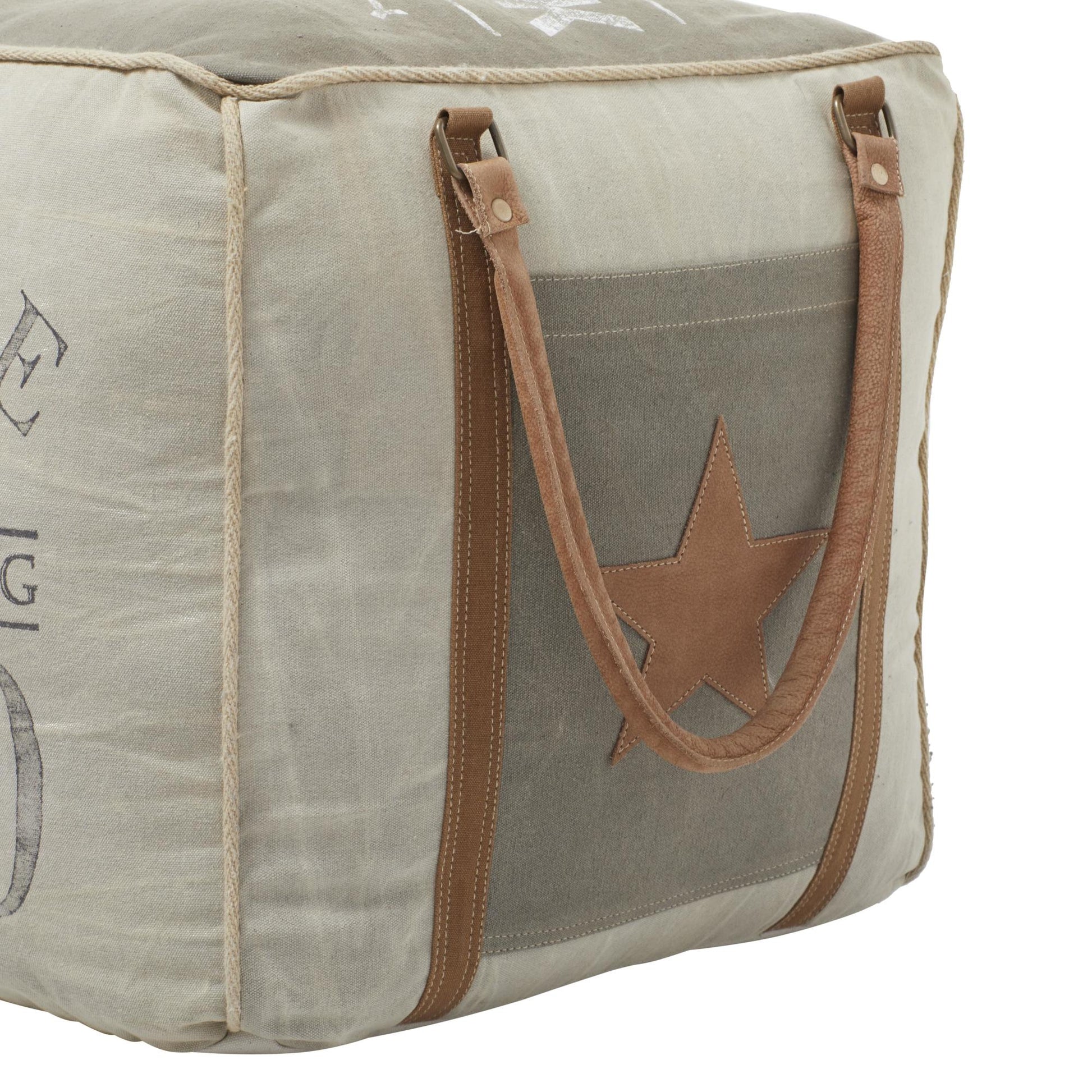 Star Canvas Stuffed Pouf with Leather Accents