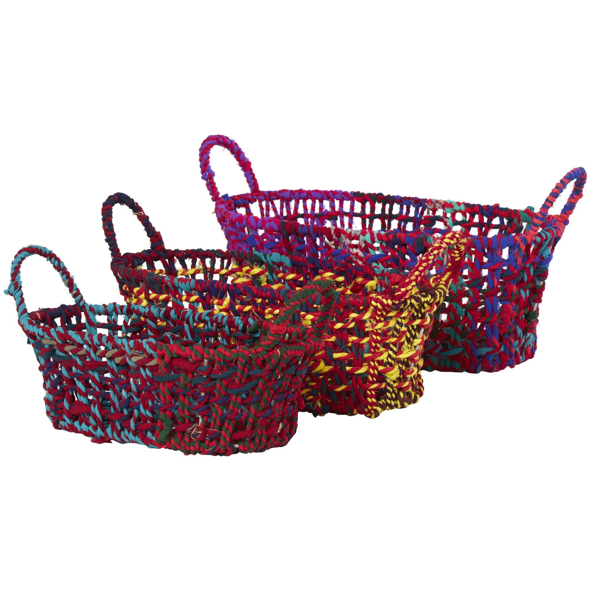 Set of 3 Cotton Fabric Handmade Decorative and Functional Storage Basket with Handles