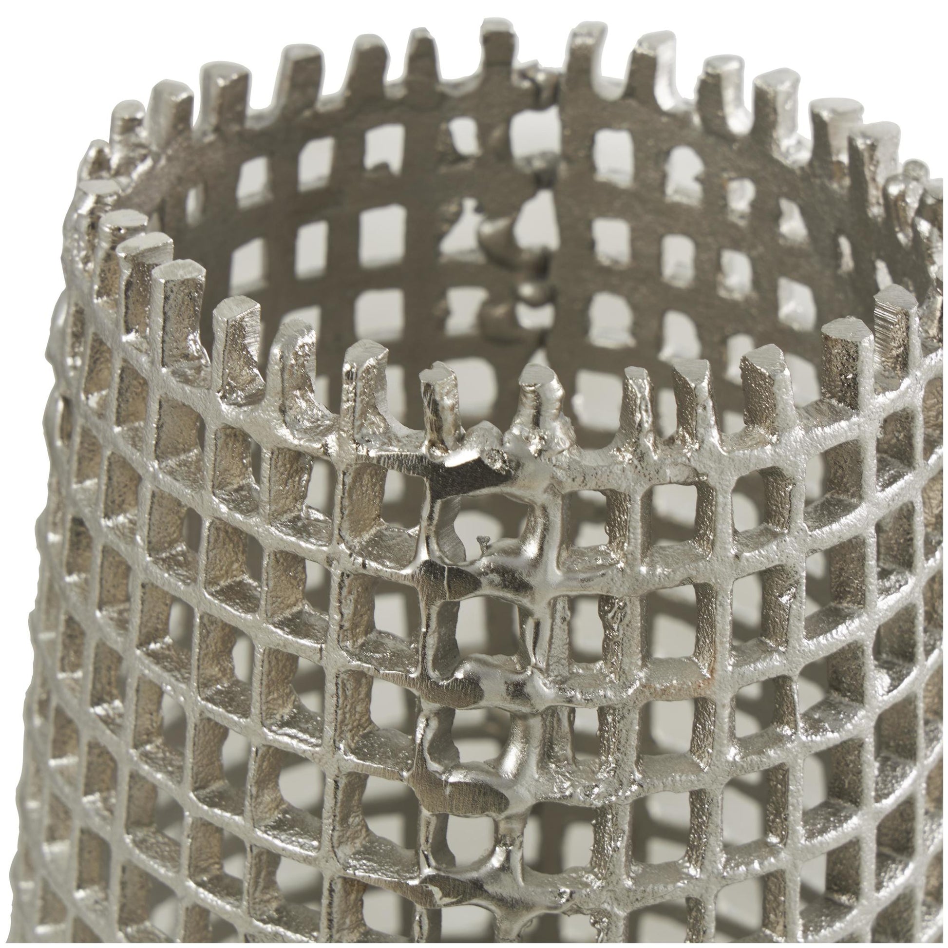 Silver Aluminum Metal Tall Grid Inspired Decorative Vase with Open Frame Design