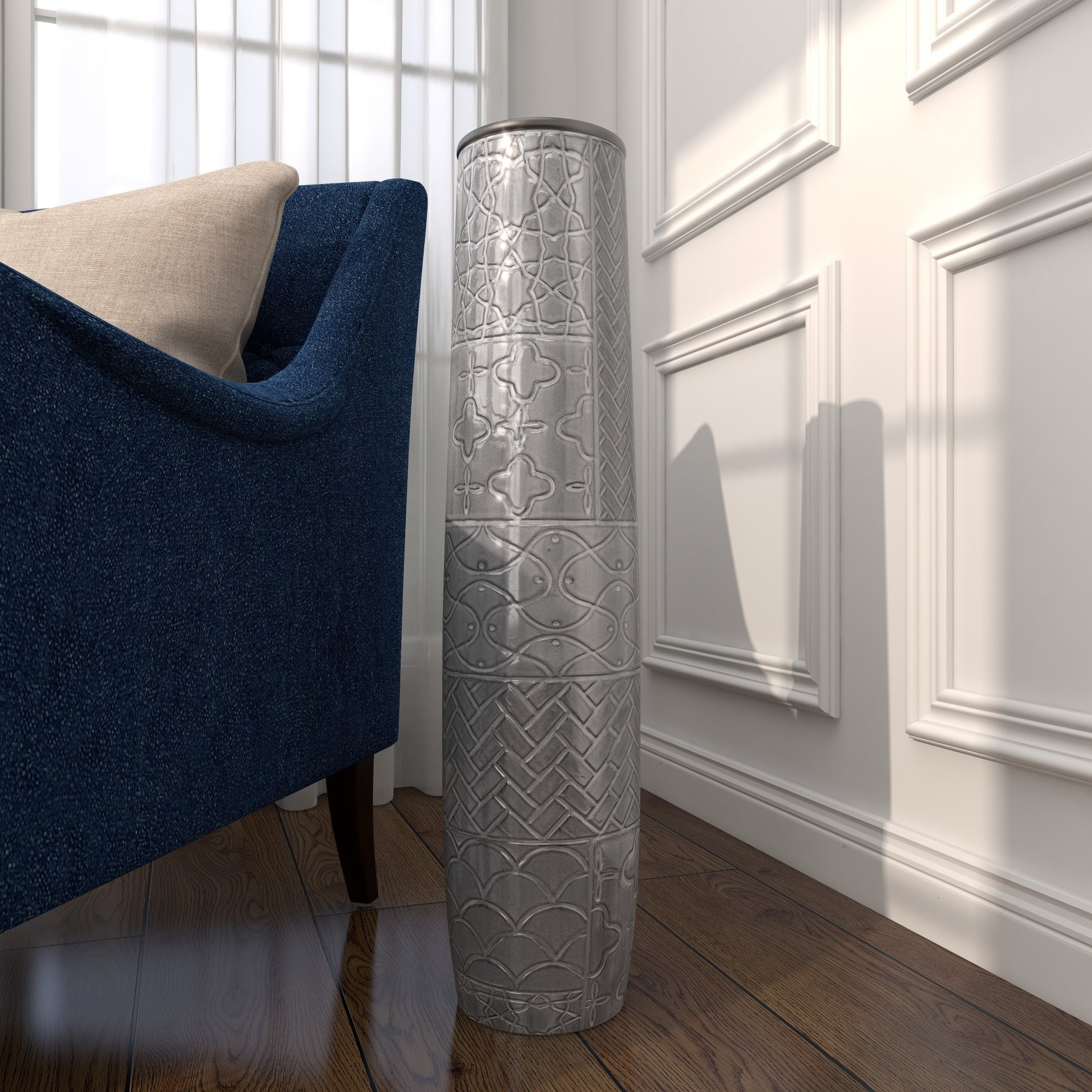 Gray Ceramic Slim Engraved Patterned Decorative Vase with Varying Patterns