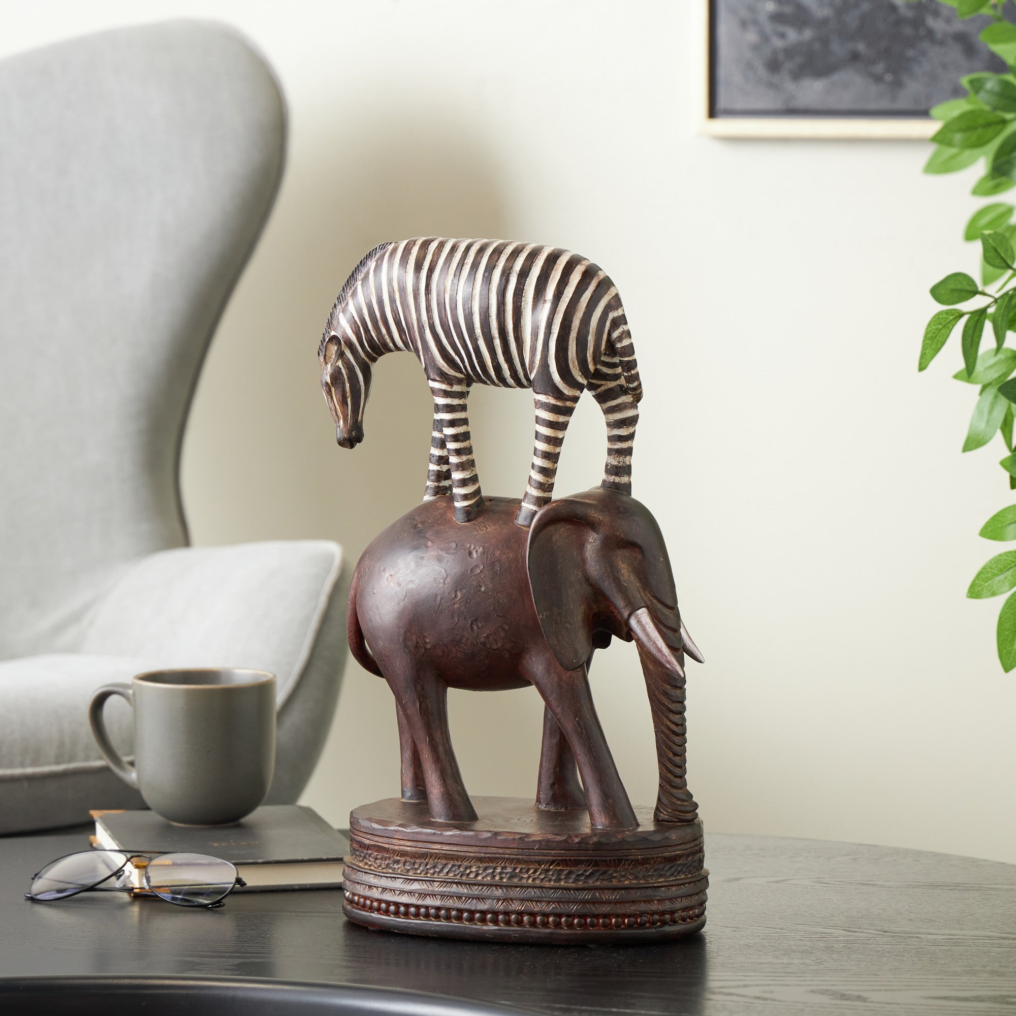 Safari Animals Multi Colored Polyresin Stacked Decorative Sculpture with Round Base