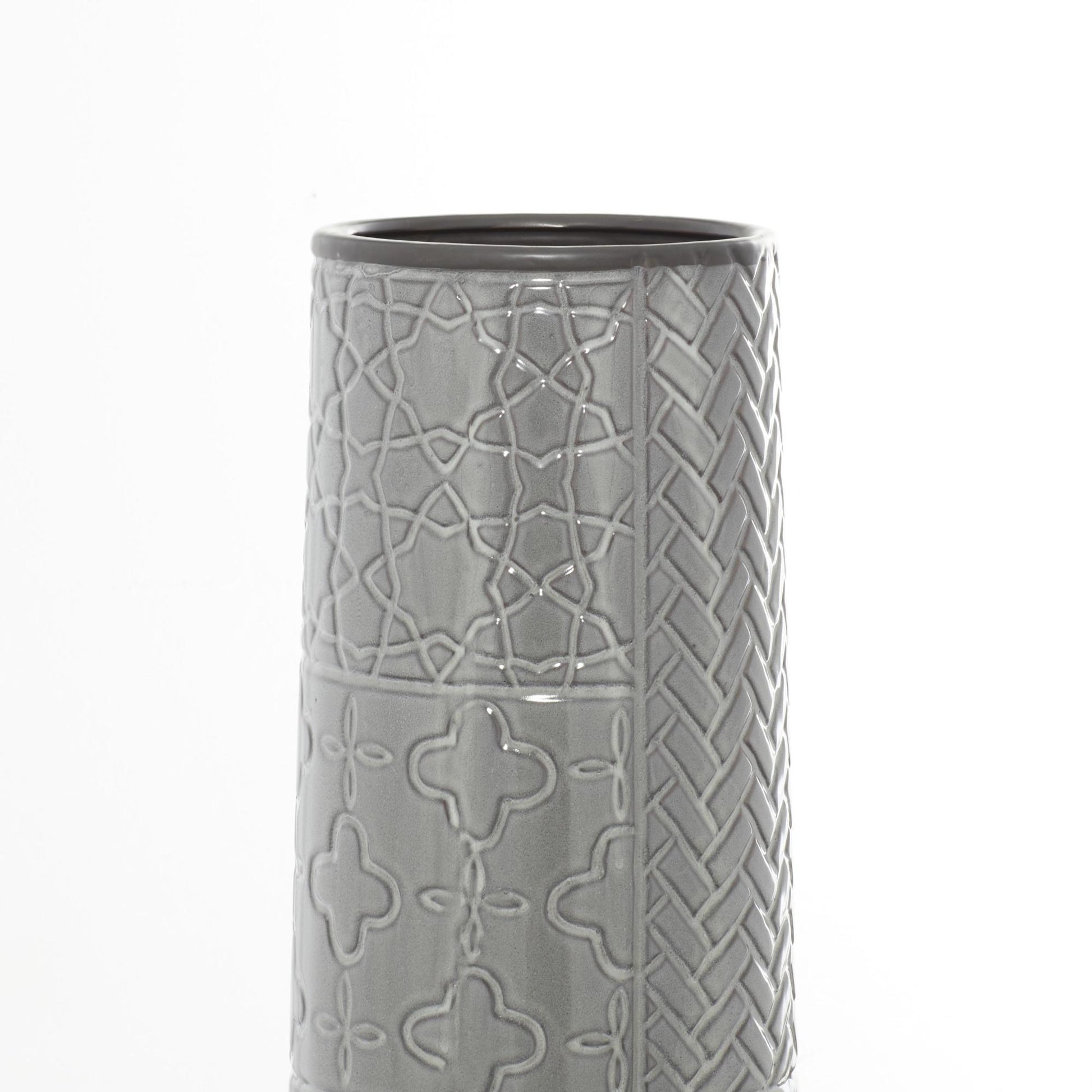 Gray Ceramic Slim Engraved Patterned Decorative Vase with Varying Patterns