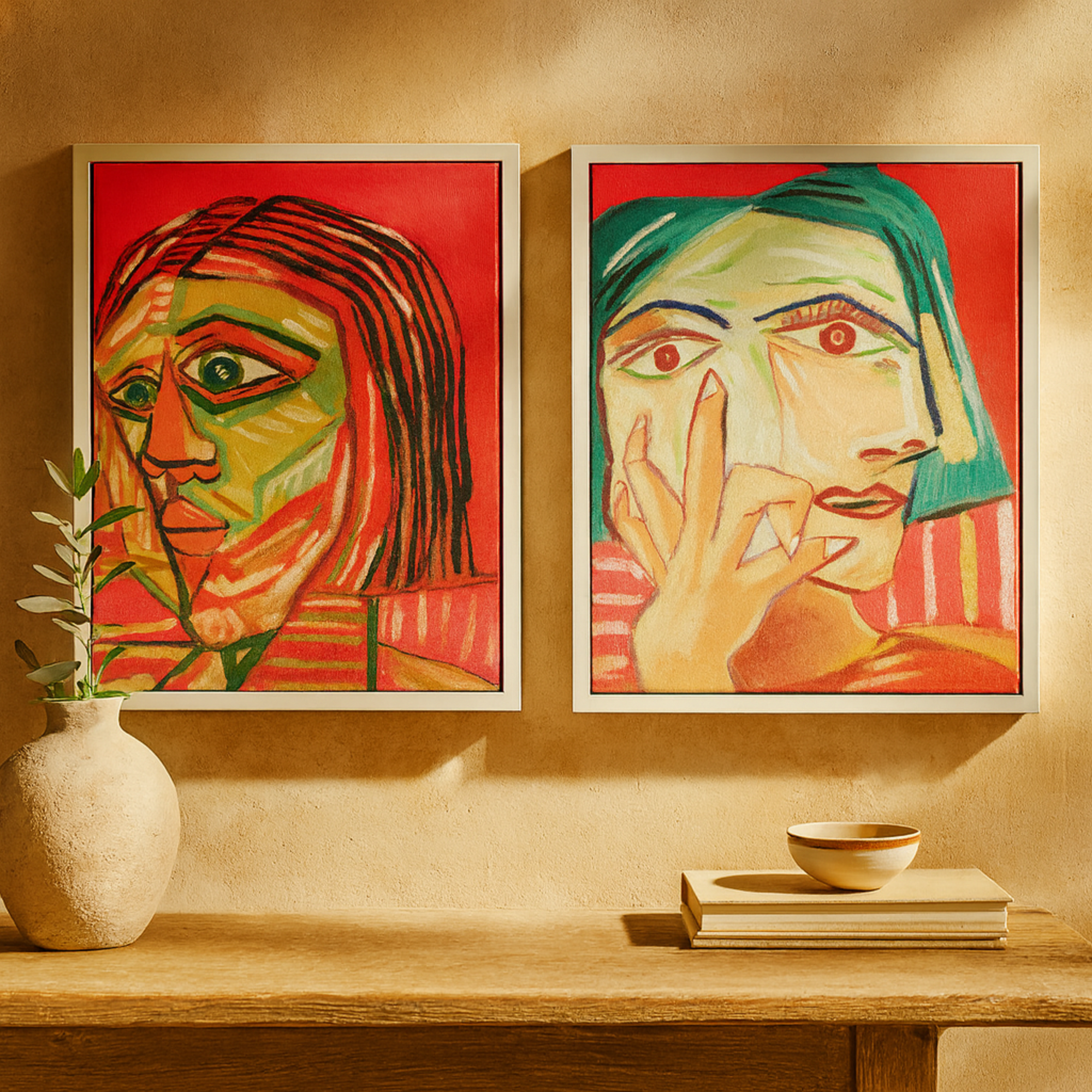 Set of 2 Face Pink Canvas Living Room Framed Wall Art with Teal and Black Accents