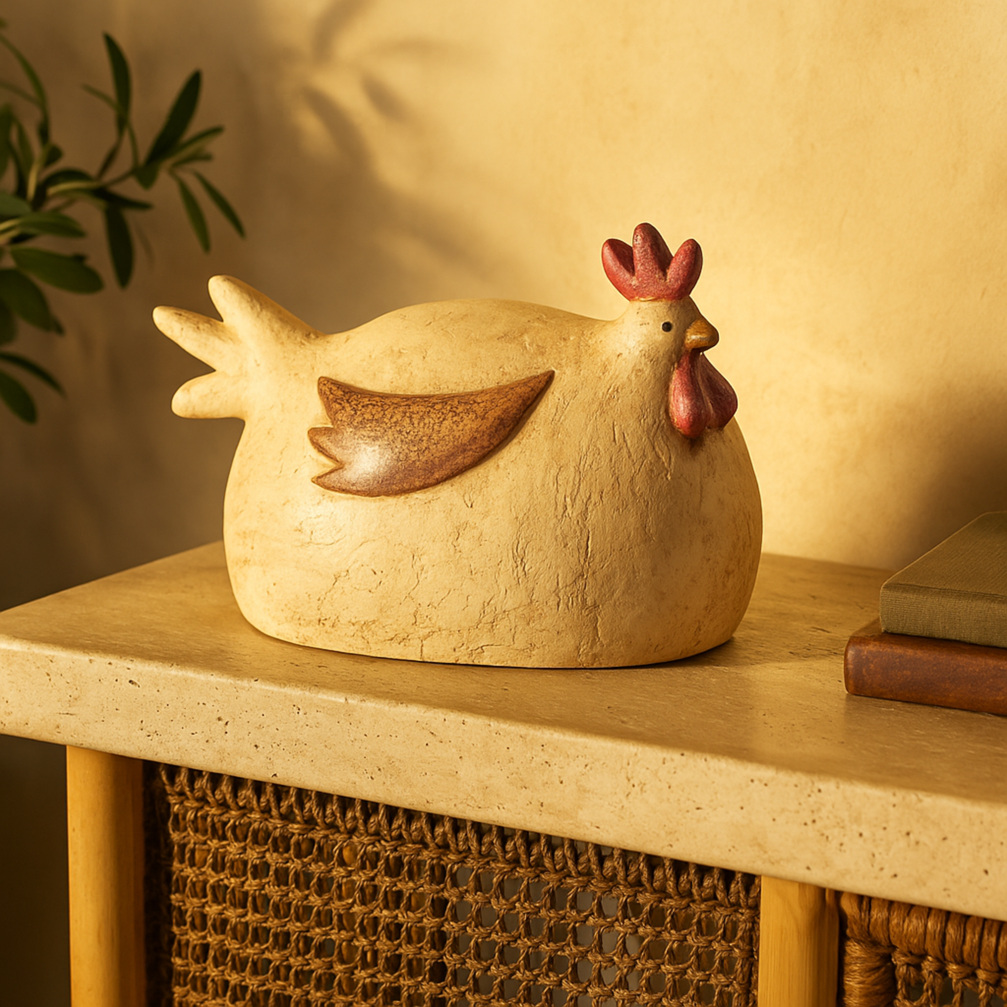 Rooster Cream Magnesium Oxide Sitting Decorative Garden Sculpture with Brown and Red Accents