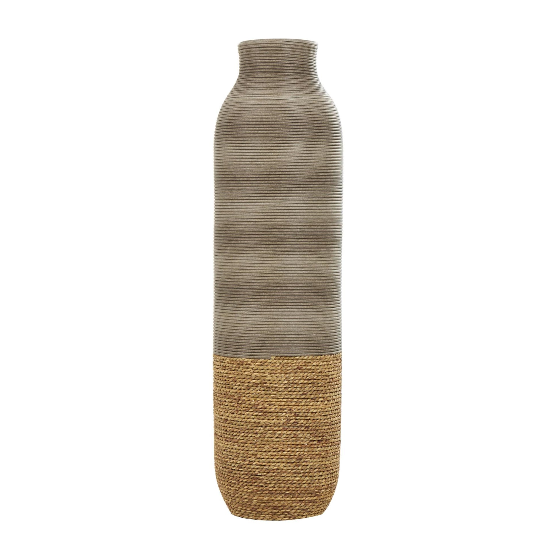 Brown Seagrass Handmade Ribbed Decorative Vase with Coiled Seagrass Base