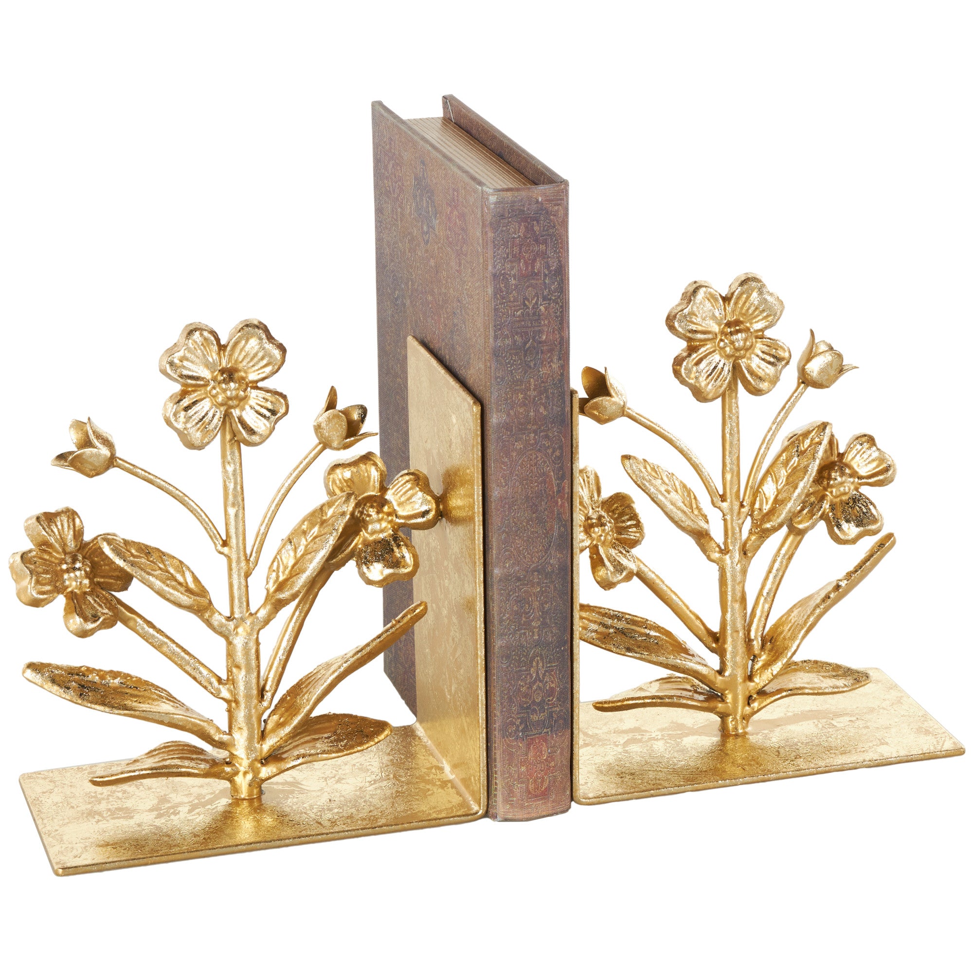 Set of 2 Floral Gold Metal Decorative Bookends with Shimmer Details