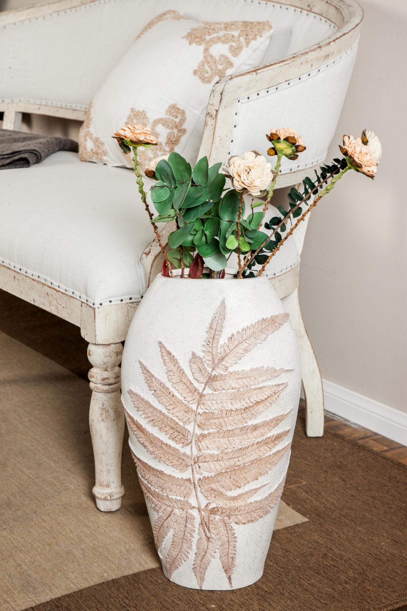 Leaf White Polystone Decorative Vase with Brown Dimensional Leaves
