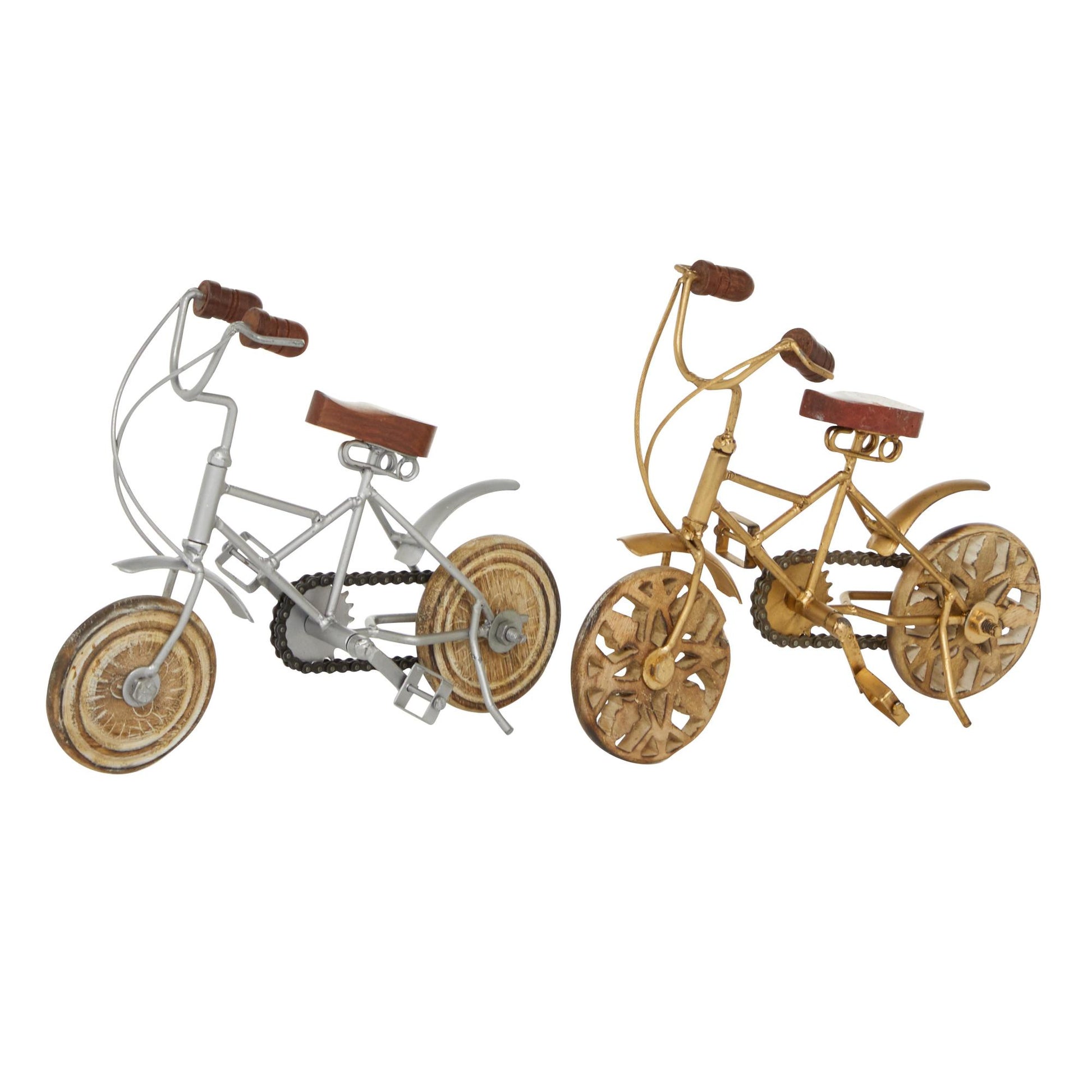 Set of 2 Bike Multi Colored Metal Decorative Sculpture with Wood Wheels