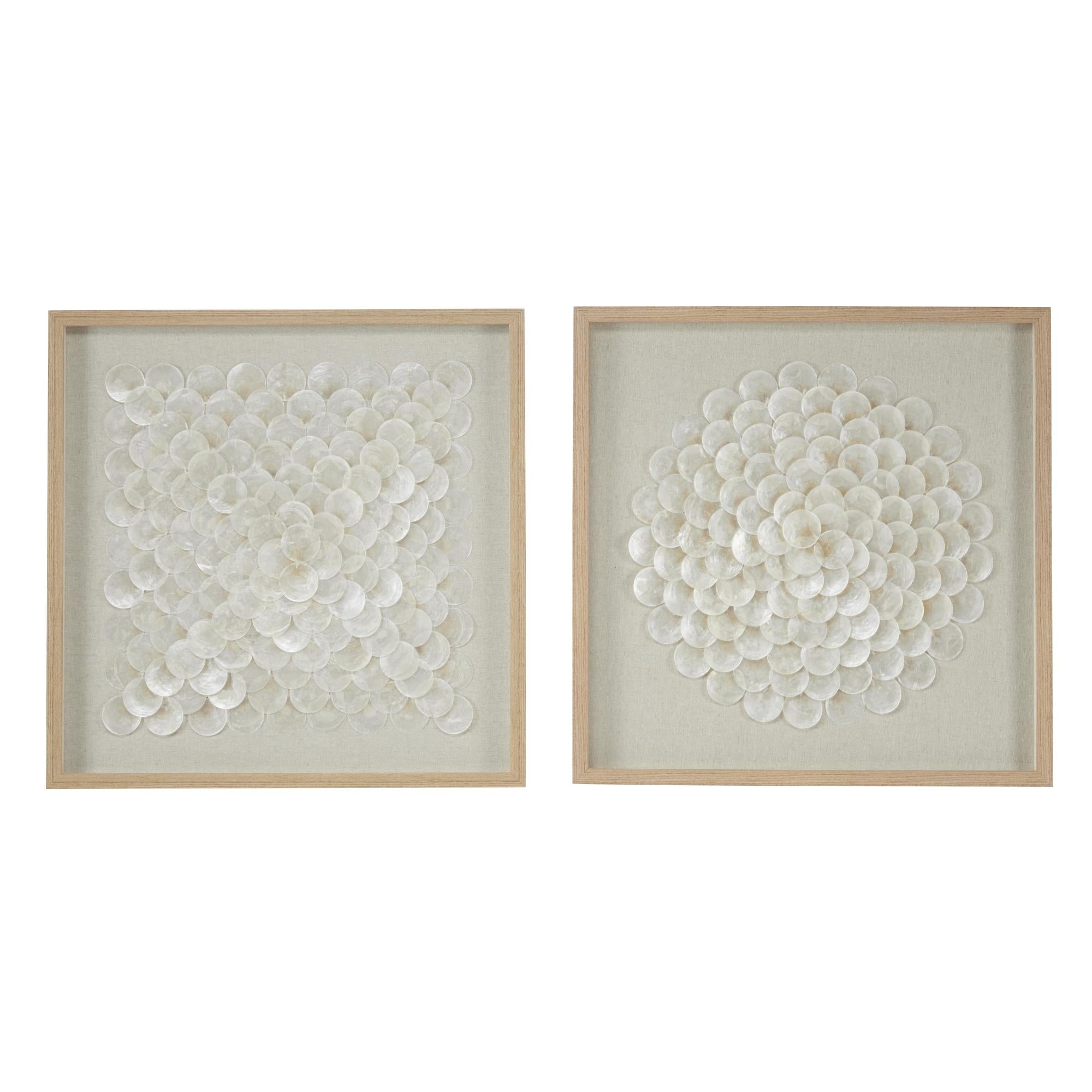 Set of 2 Geometric Cream Shell Handmade Overlapping Shells Home Shadow Box with Canvas Backing