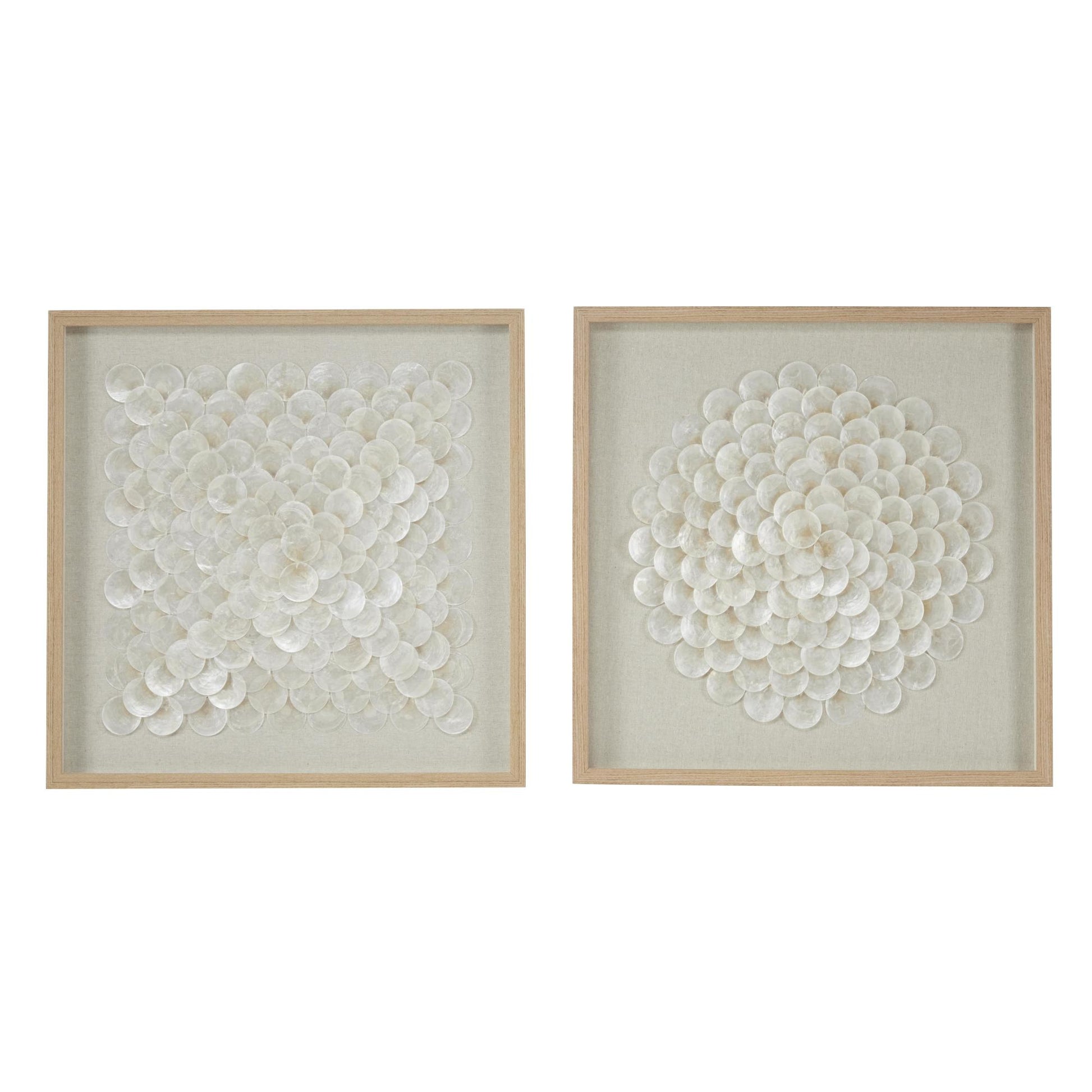 Set of 2 Geometric Cream Shell Handmade Overlapping Shells Home Shadow Box with Canvas Backing