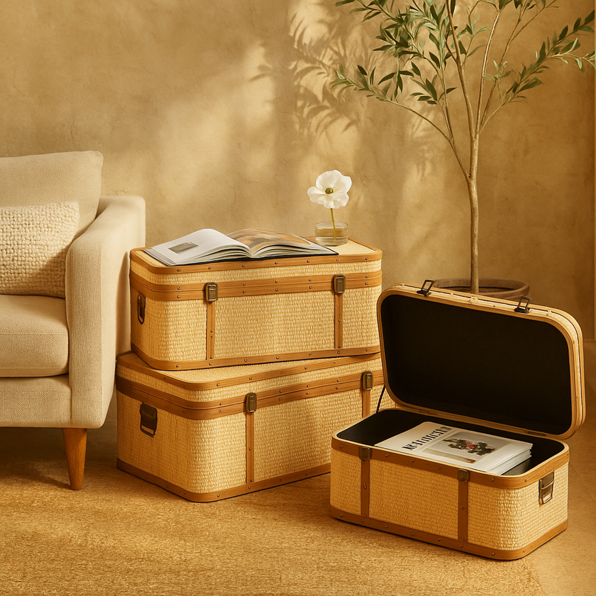 Set of 3 Light Brown Rattan Woven Decorative Trunk with Brass Metal Latches and Brown Wooden Accents