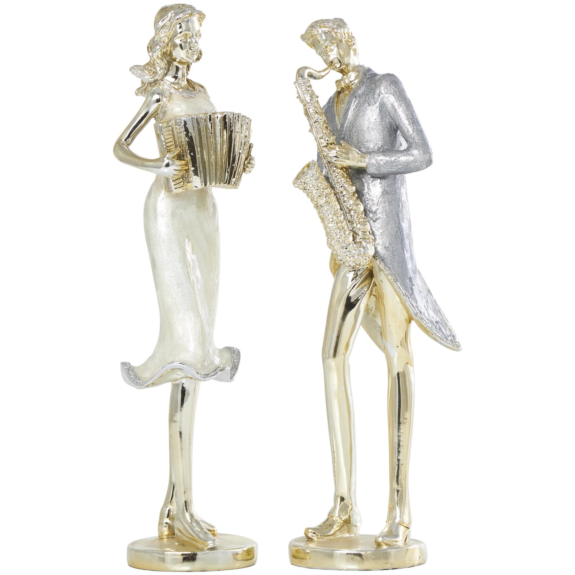 Set of 2 Musician Gold Resin Decorative Sculpture with Accordion and Saxophone