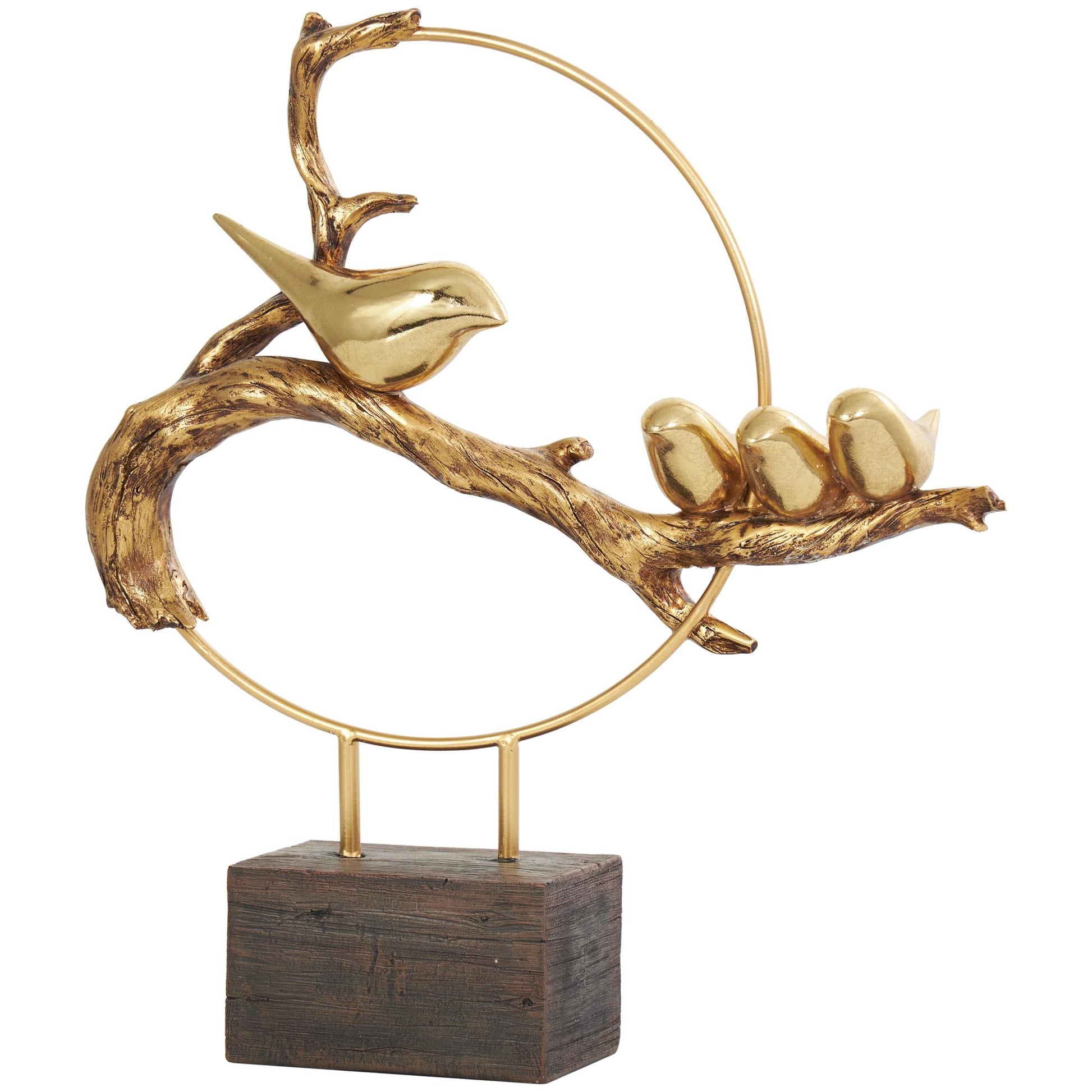 Bird Gold Polystone Family On A Branch Decorative Sculpture with Brown Block Base
