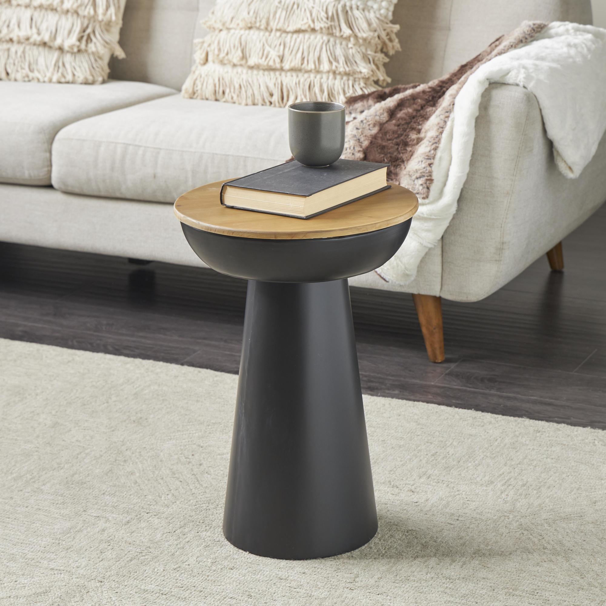 Black Metal Handmade Pedestal Side End Accent Table with Brown Wood Tabletop